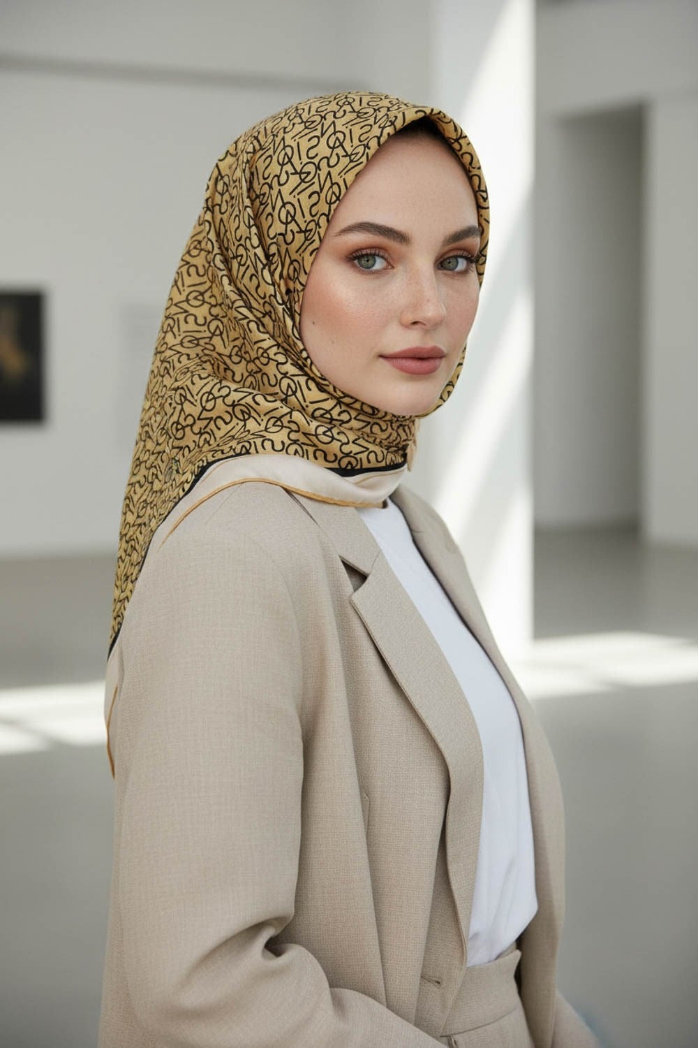 %100 Twill İpek Harf Desenli Gold - Siyah Renkli 90x90 Eşarp Dikim Şekli : El Dikişi