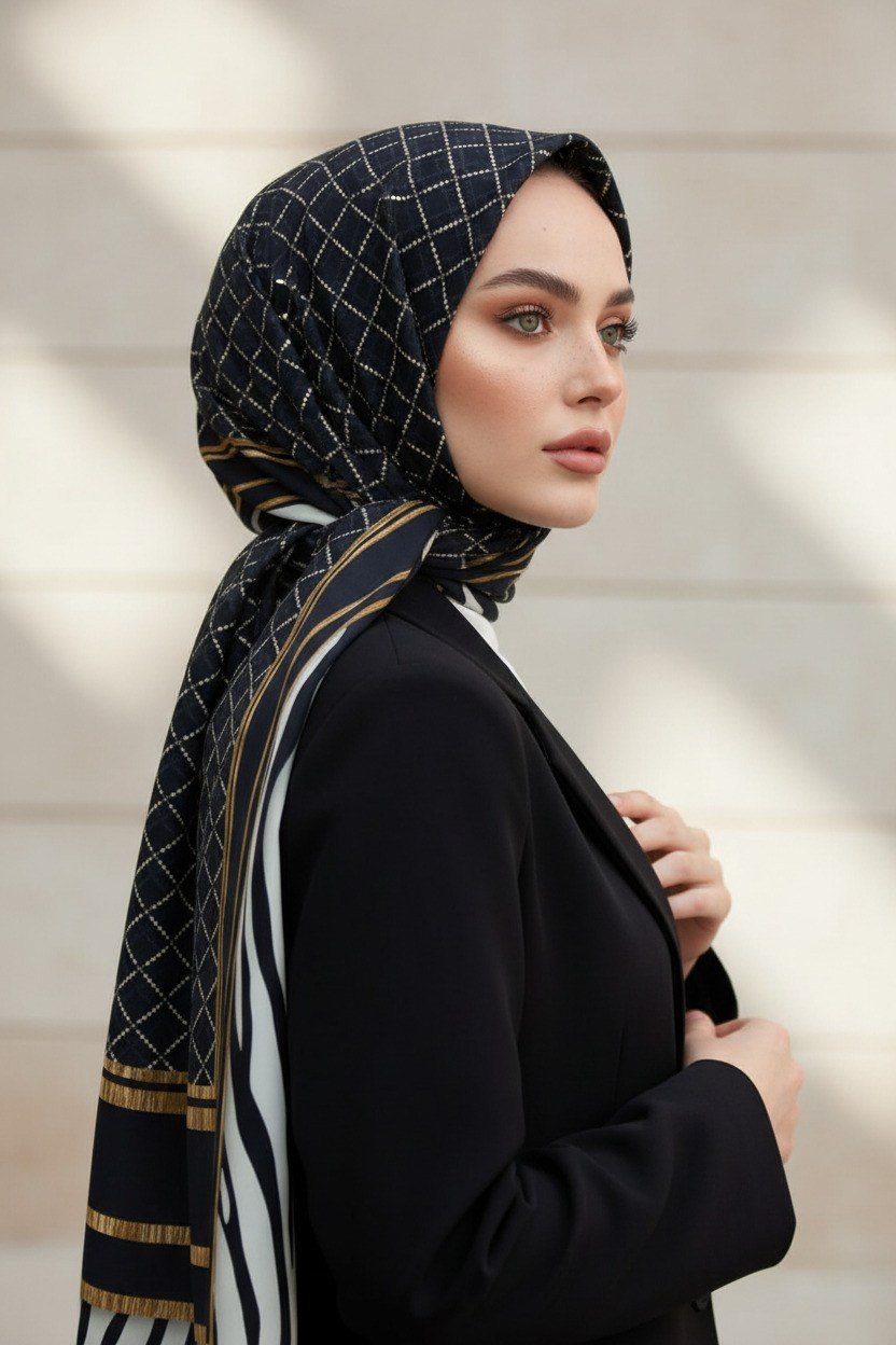 KREP ZEBRALI BAKLAVA DESENLİ SİYAH RENKLİ 75X195 KIRIŞMAZ ŞAL