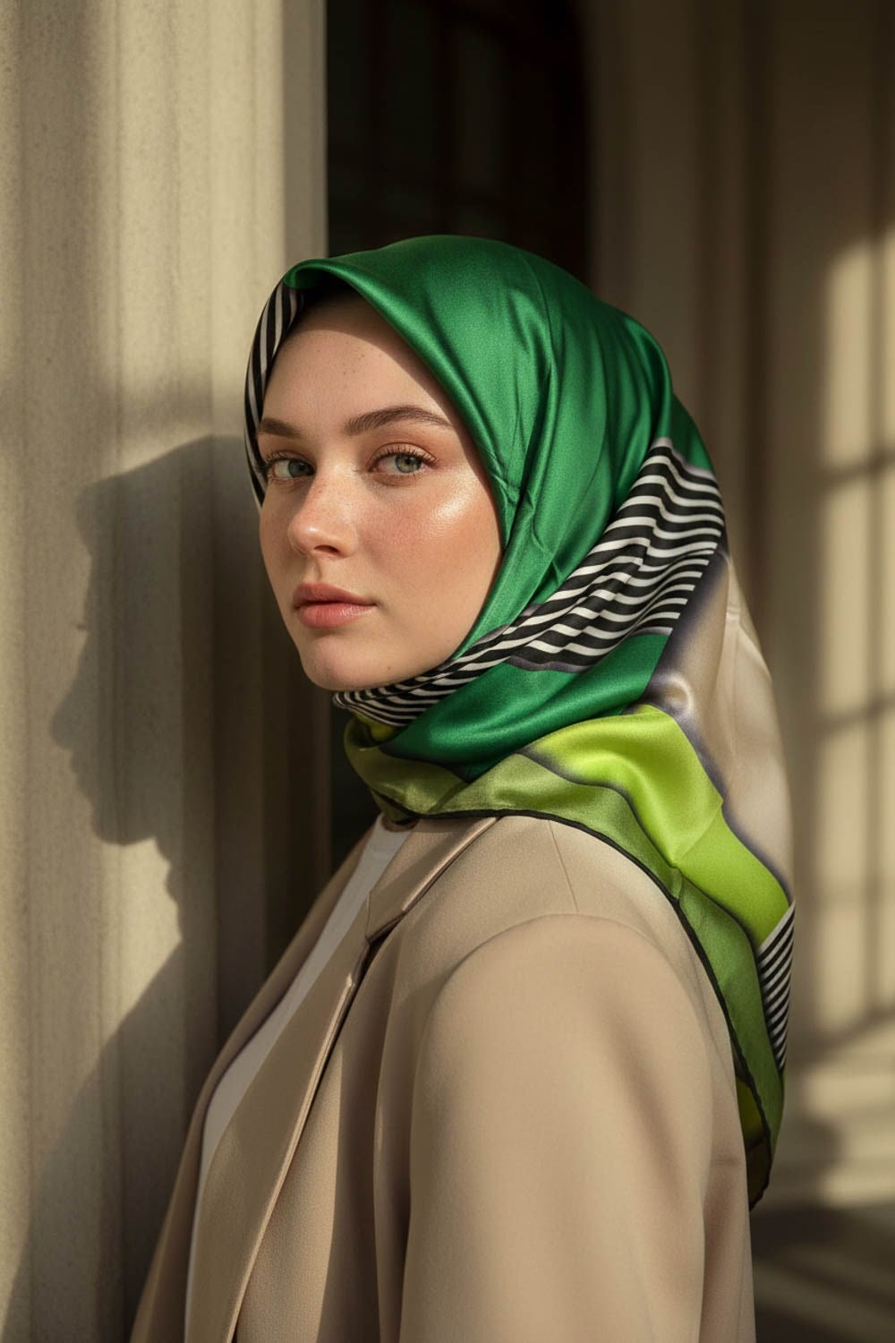%100 Twill İpek Çizgili ve Geometrik Desenli Zümrüt Yeşili - Haki Renkli 90x90 Eşarp Dikim Şekli : El Dikişi