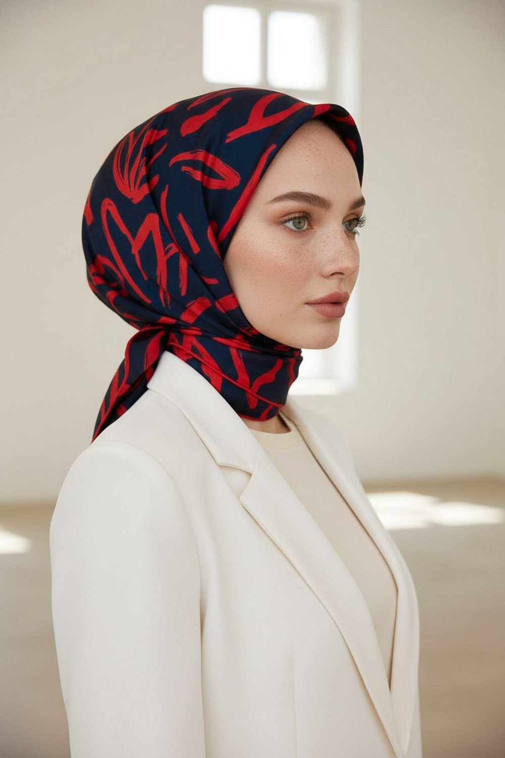 %100 Twill İpek Büyük Çiçek Desenli Lacivert - Kırmızı Renkli 90x90 Eşarp Dikim Şekli : El Dikişi
