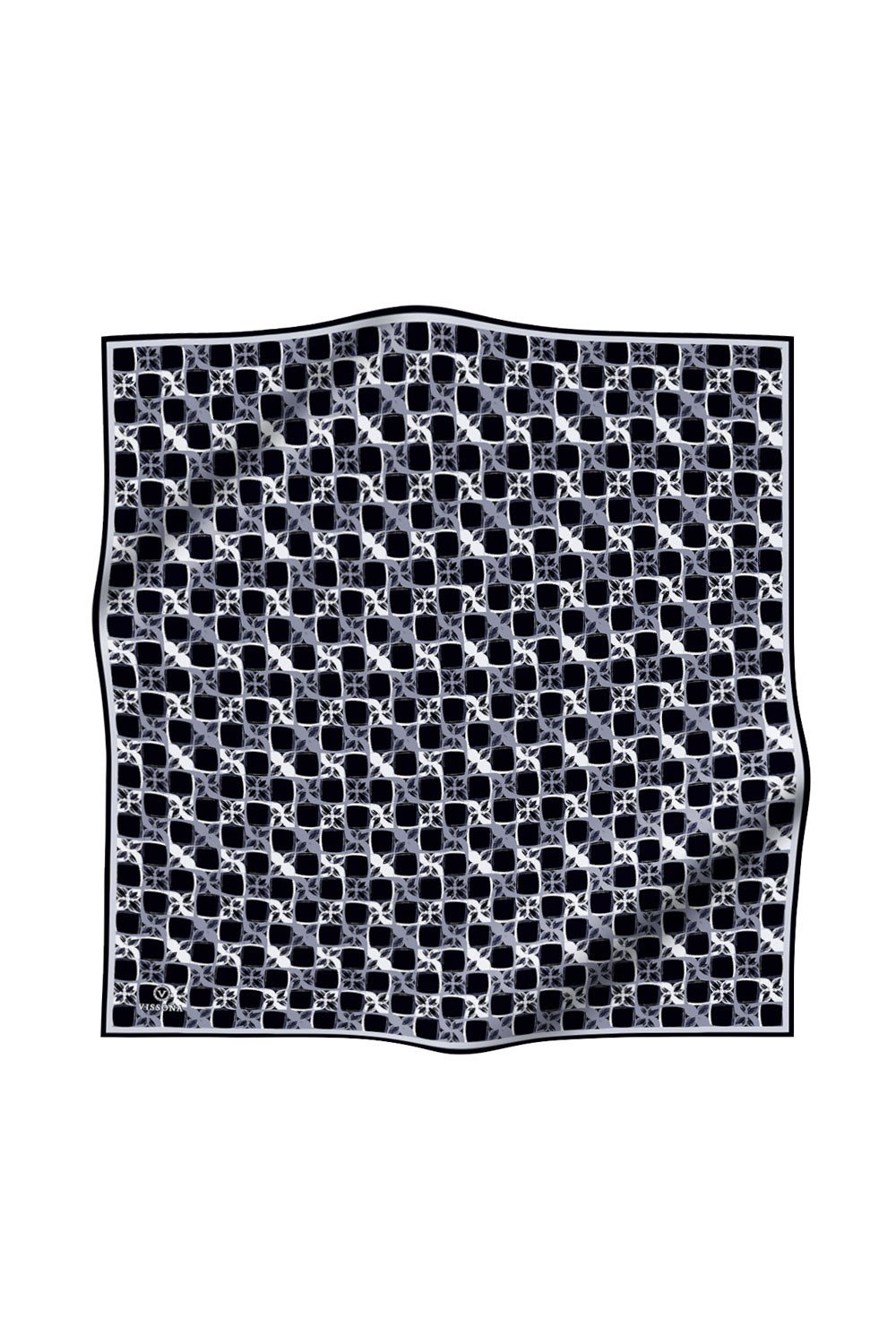 %100 Twill İpek Geometrik Desenli Siyah - Gri Renkli 90x90 Eşarp Dikim Şekli : El Dikişi