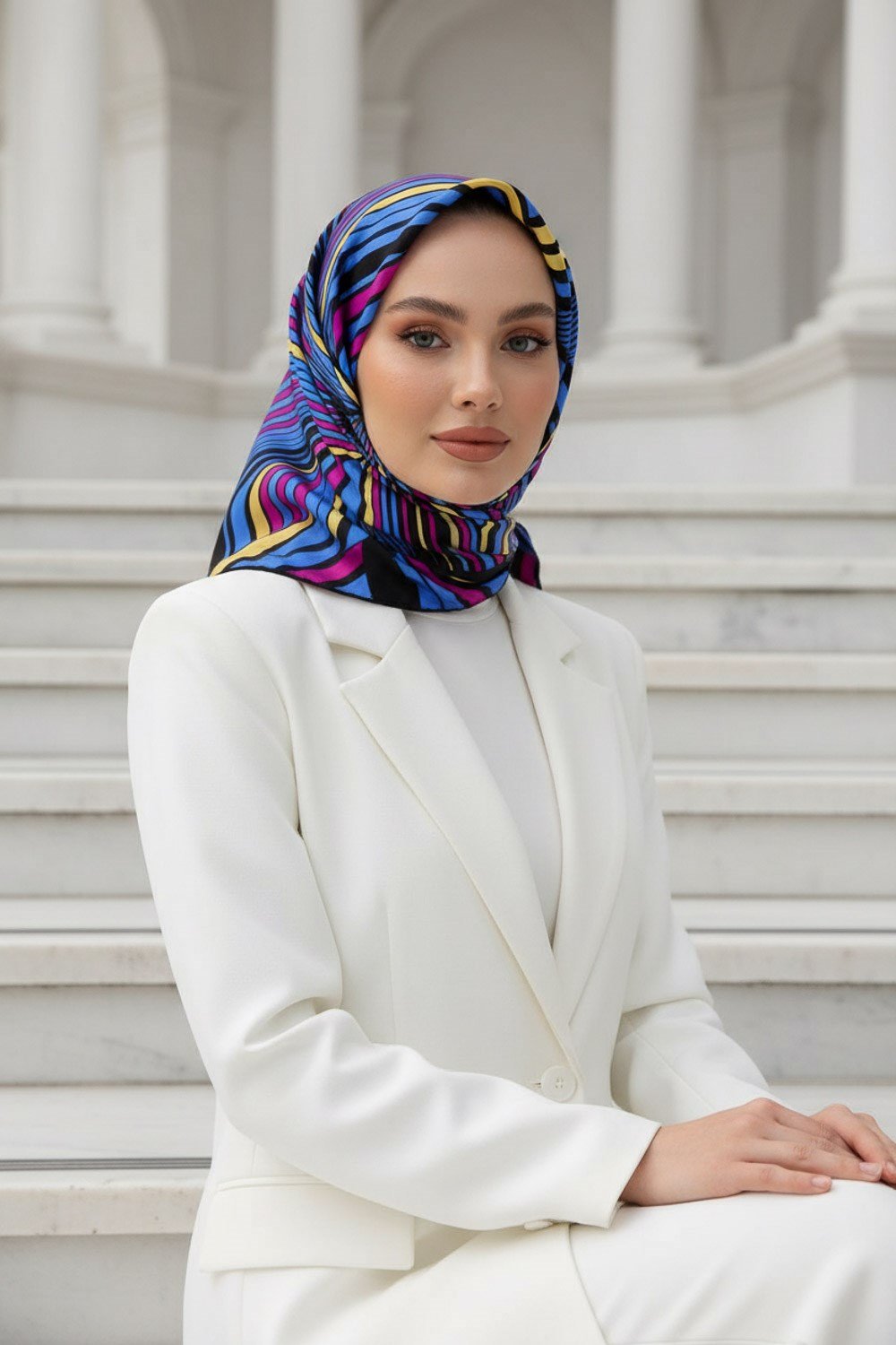 %100 Twill İpek Okyanus Dalgası Desenli İndigo - Fuşya Renkli 90x90 Eşarp Kenar Dikiş Şekli El Dikişli