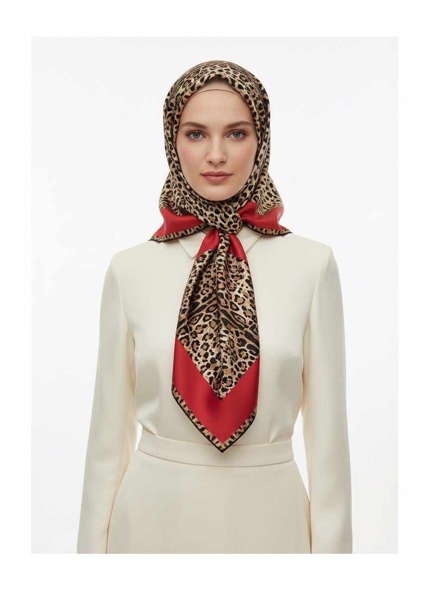 %100 Twill İpek Leopar Desenli Kırmızı Renkli 90x90 Eşarp Dikim Şekli : El Dikişi