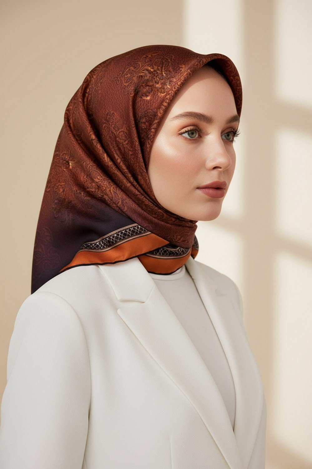 %57 İpek %43 Viskon Twill Eşarp 90x90 Taba Barok Desenli El Dikişli Kadın Eşarp