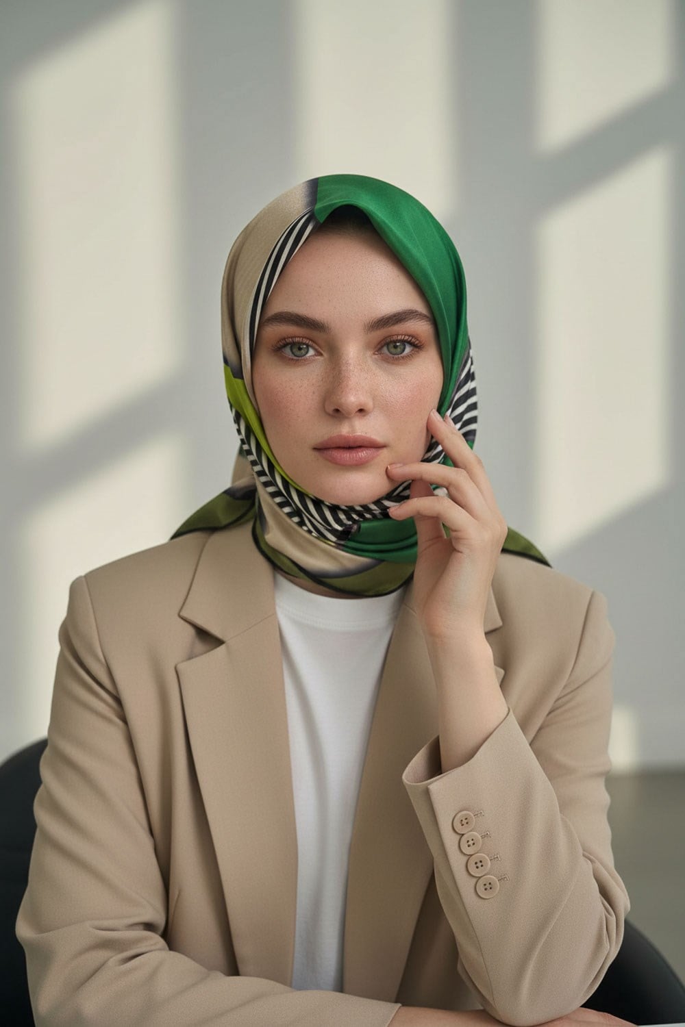 %100 Twill İpek Çizgili ve Geometrik Desenli Zümrüt Yeşili - Haki Renkli 90x90 Eşarp Dikim Şekli : El Dikişi
