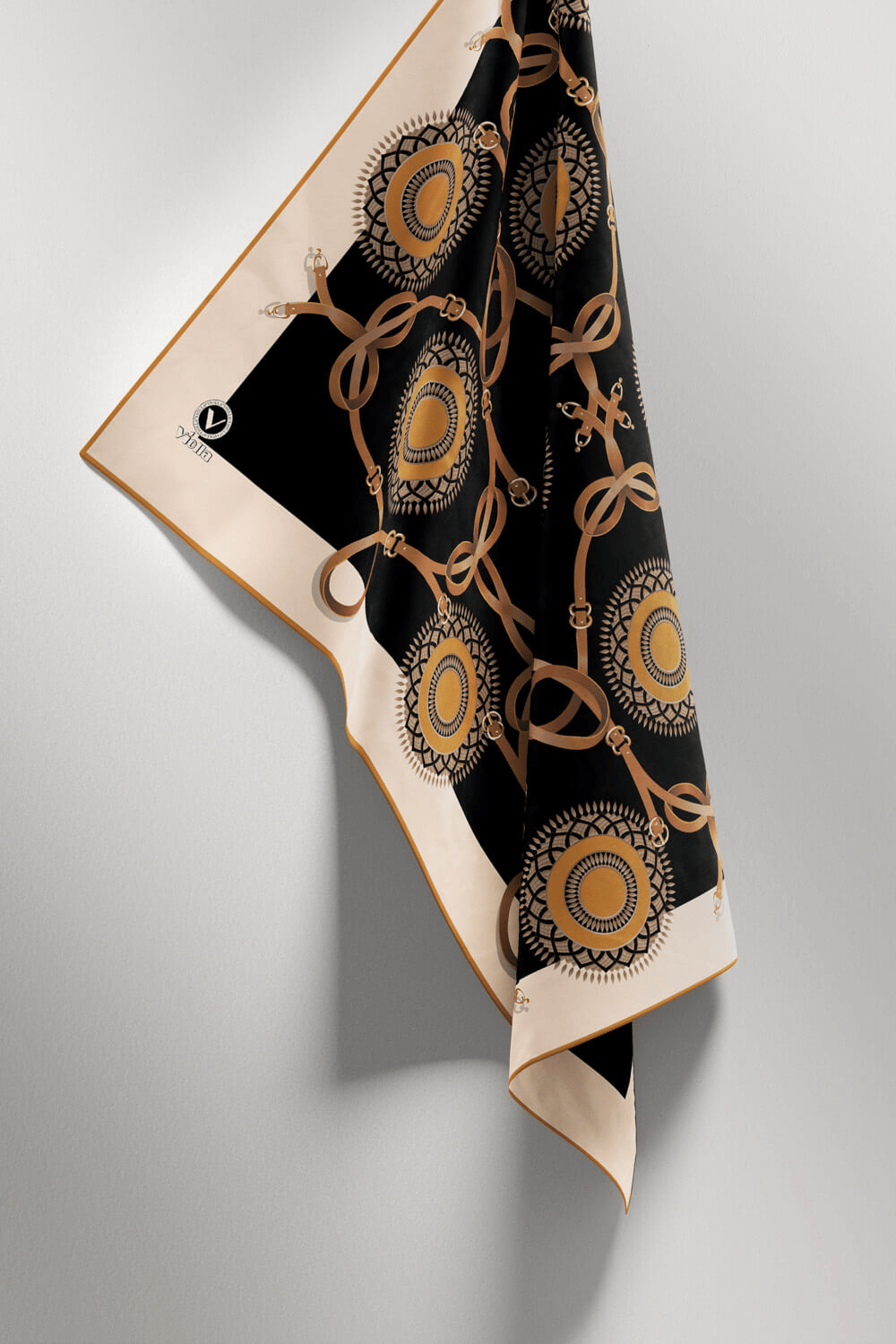 Twill Kemerli Ve Geometrik Desenli Hardal Renkli 90x90 Eşarp (İpek İçermez) Kenar Dikiş Şekli El Dikişli