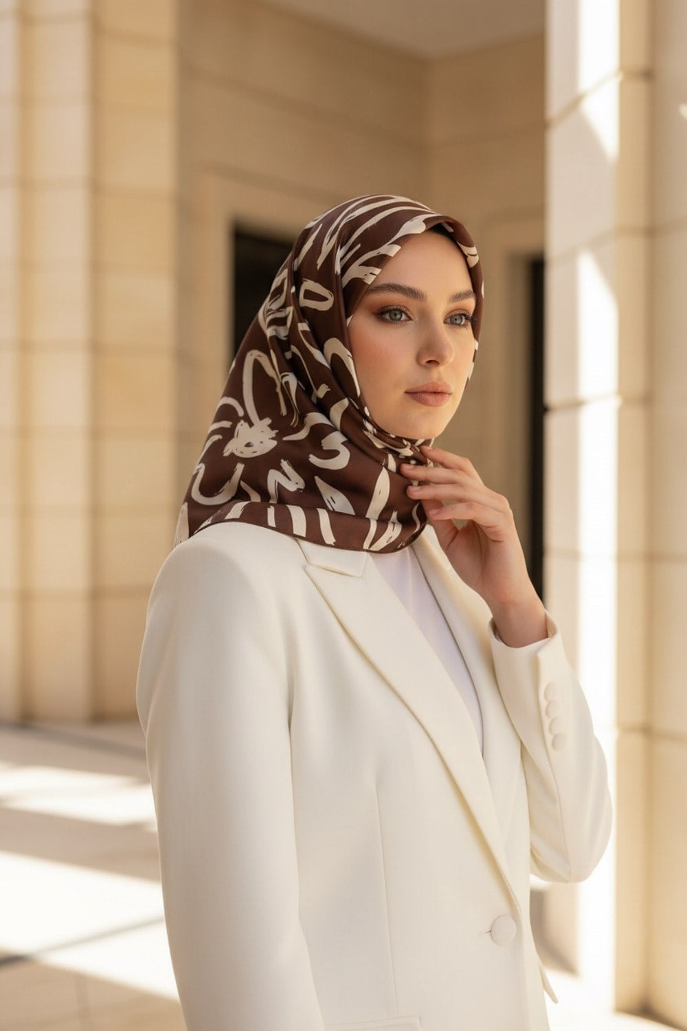 %100 Twill İpek Büyük Çiçek Desenli Kahverengi Renkli 90x90 Eşarp Dikim Şekli : El Dikişi
