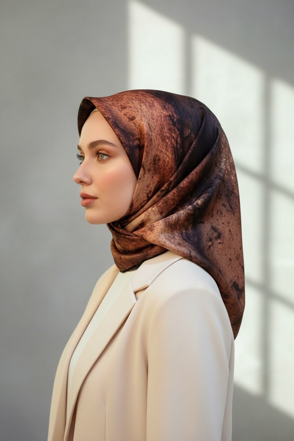 %100 Twill İpek Dokulu Ve Geometrik Desenli Taba - Hardal Renkli 90x90 Eşarp Dikim Şekli : El Dikişi