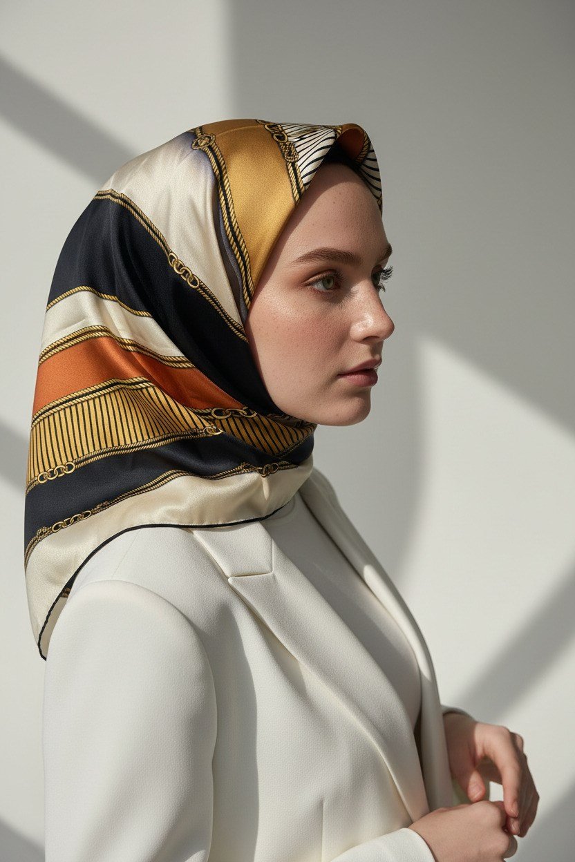 %100 Twill İpek Zincir Detaylı Geometrik Desenli Taba - Vizon Renkli 90x90 Eşarp Dikim Şekli : El Dikişi