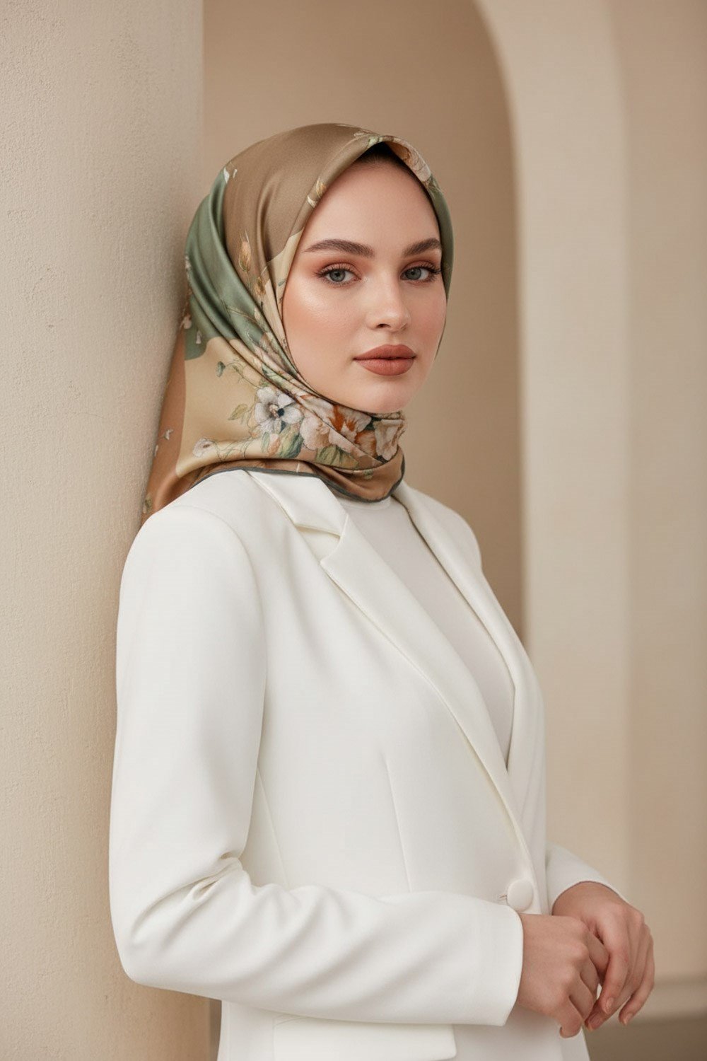 %100 Twill İpek Geometrik Ve Çiçek Desenli Haki Renkli 90x90 Eşarp Dikim Şekli : El Dikişi