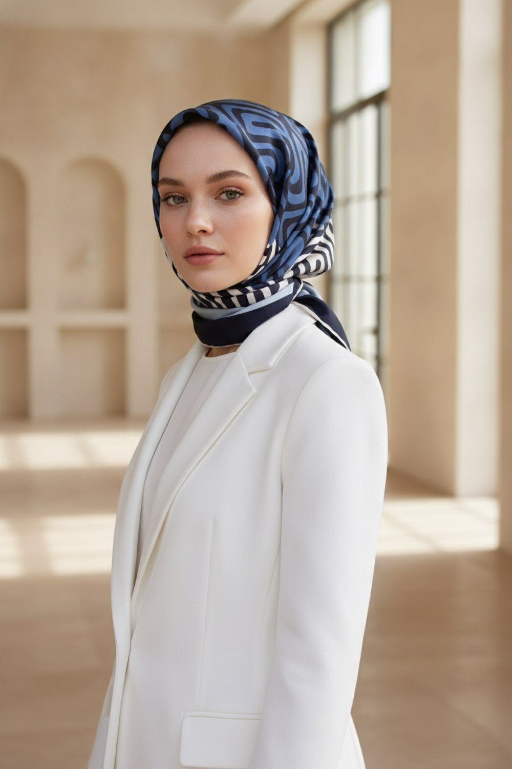 100% Twill İpek Bordürlü Dalga Desenli İndigo - Lacivert Renkli 90x90 Dikim Şekli : El Dikişi Eşarp