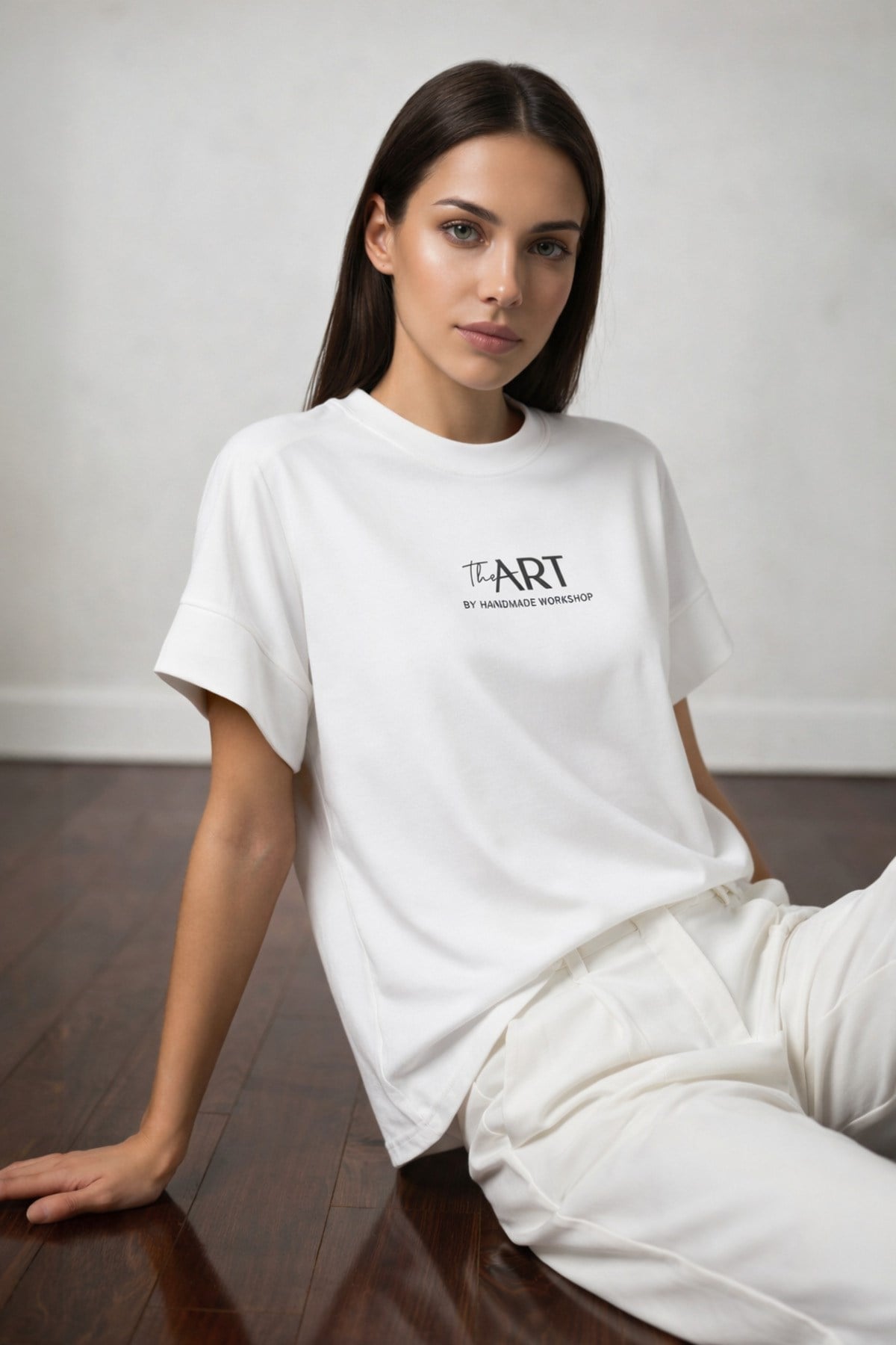 Ekru Baskılı Oversize Kısa Kollu Bisiklet Yaka T-Shirt