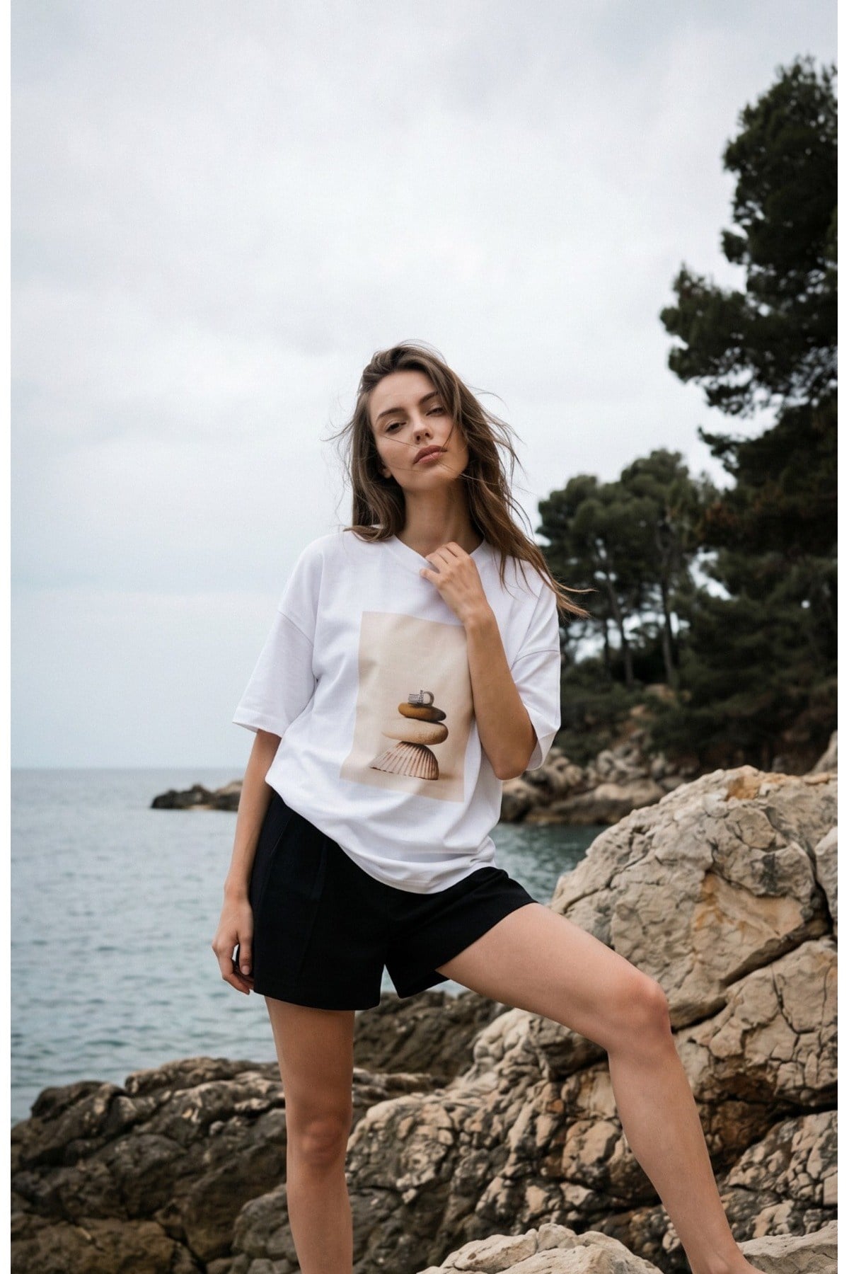 Ekru %100 Pamuk Amia&Co. Oversize Baskılı Bisiklet Yaka Basic Kısa Kollu Kadın T-Shirt