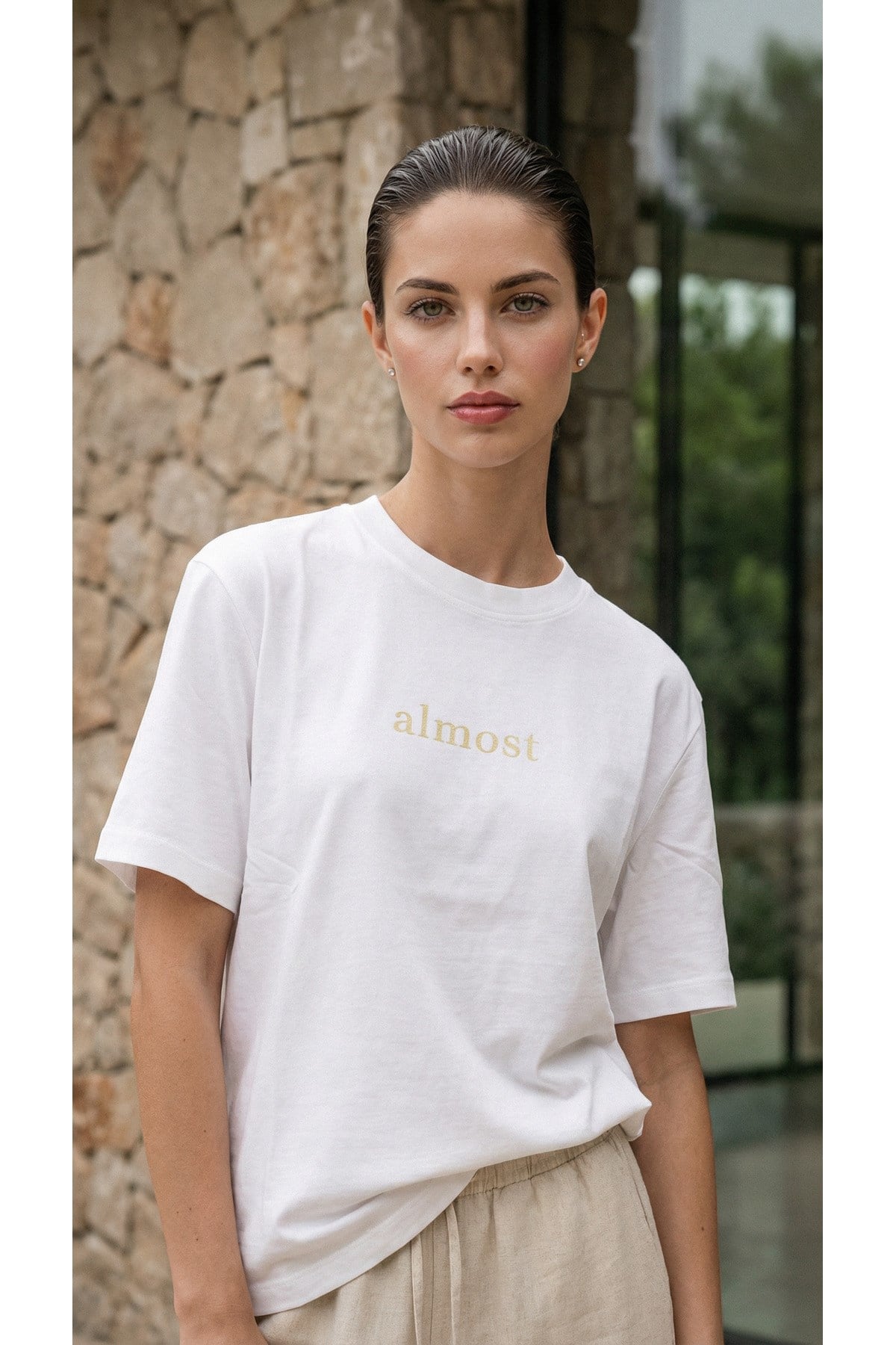 Ekru Amia&Co. Oversize Tişört “almost” Baskılı Premium Pamuk Rahat & Şık
