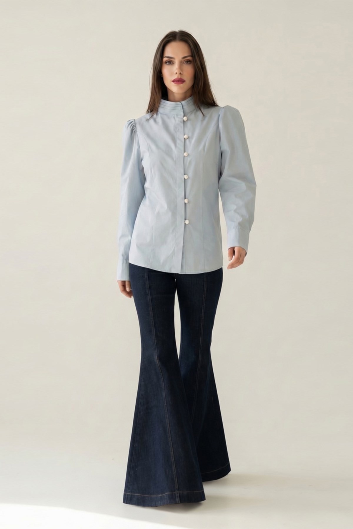 Bebe Mavi Yaka Detaylı Kabarık Kollu Düğme Detaylı Gömlek