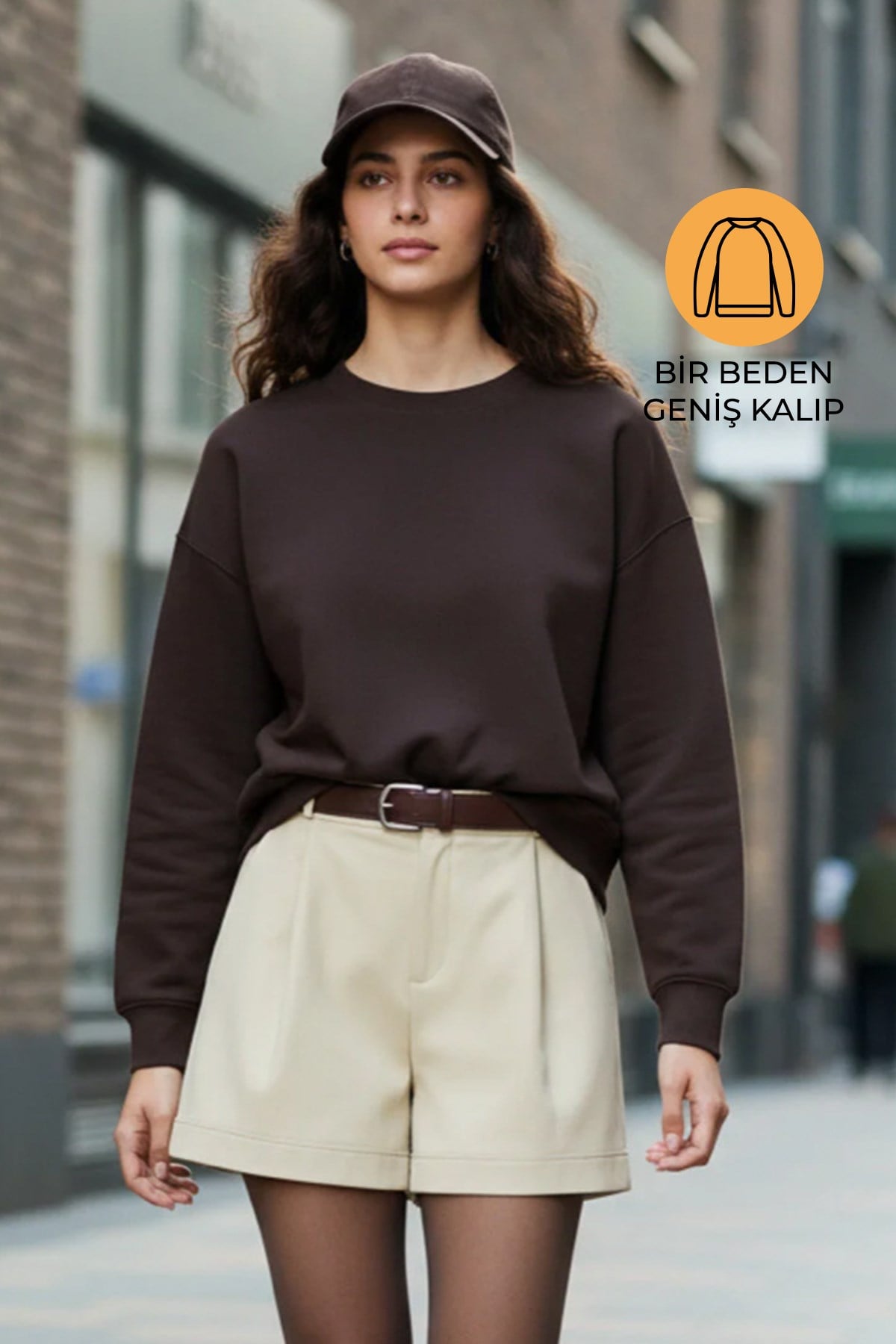 Kahverengi Amia&Co Marka Şardonlu Basic Oversize Sweatshirt