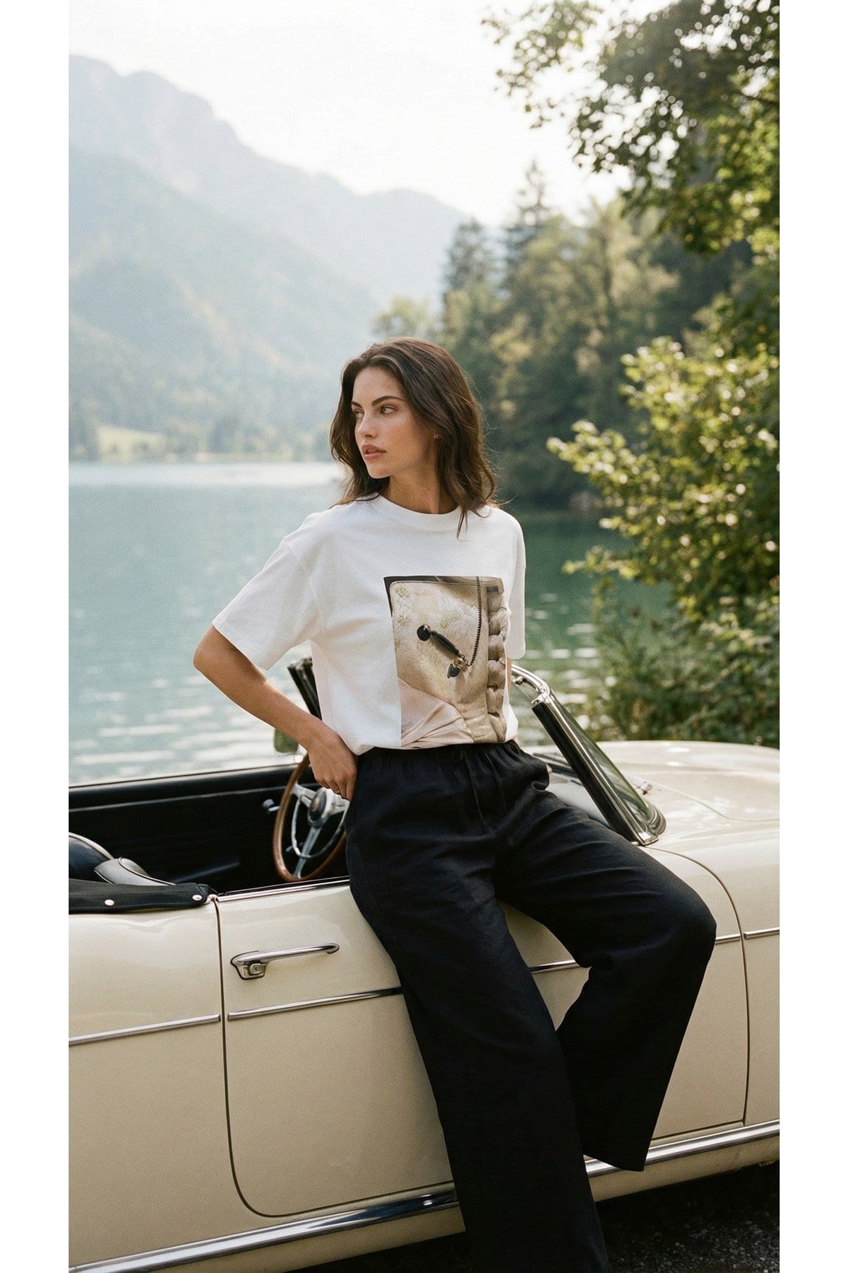 Ekru %100 Pamuk Amia&Co. Oversize Bisiklet Yaka Vintage Telefon Baskılı Basic Kısa Kollu Kadın T-Shirt