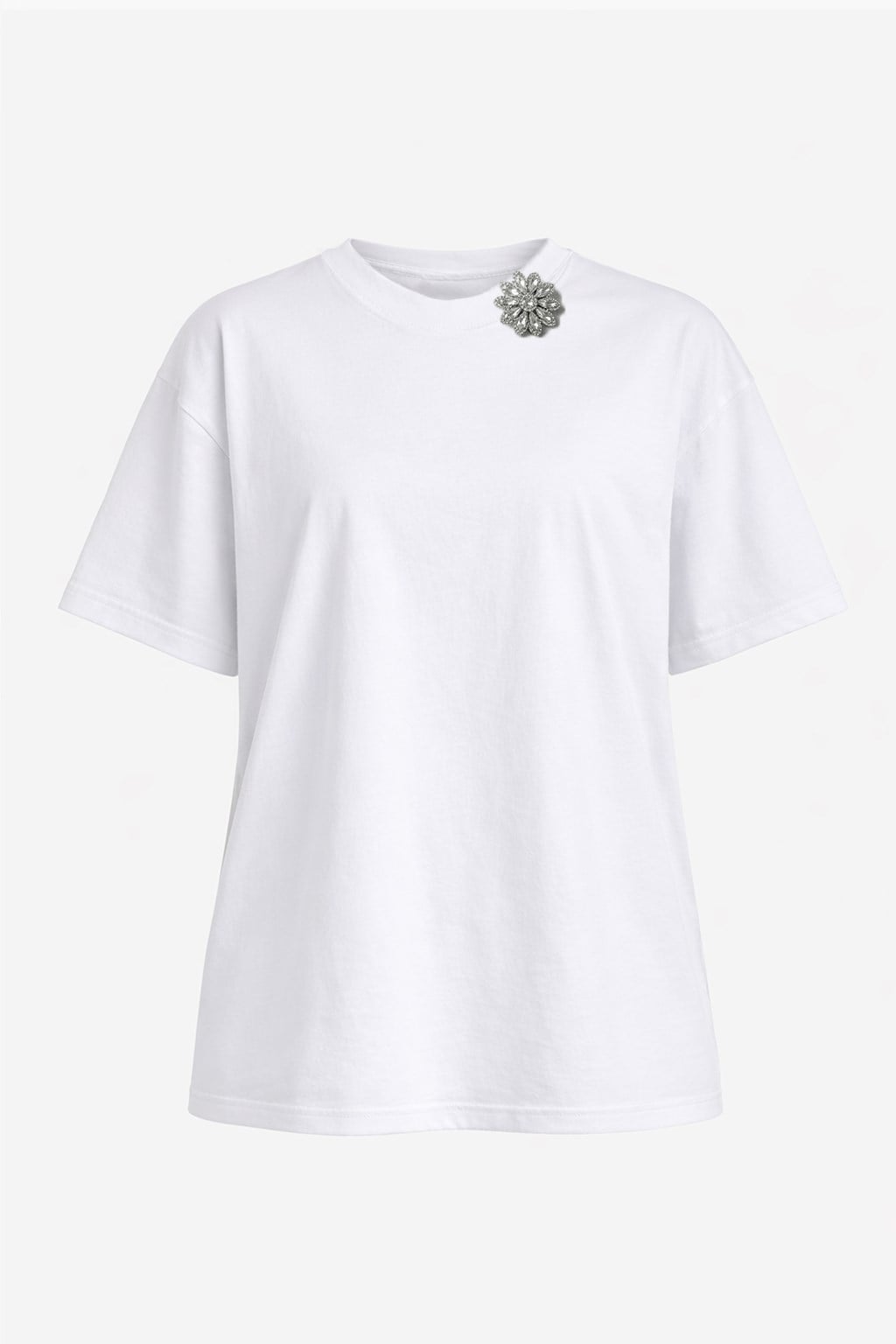 Ekru Bisiklet Yaka Taş İşlemeli Broş Detaylı Oversize T-Shirt