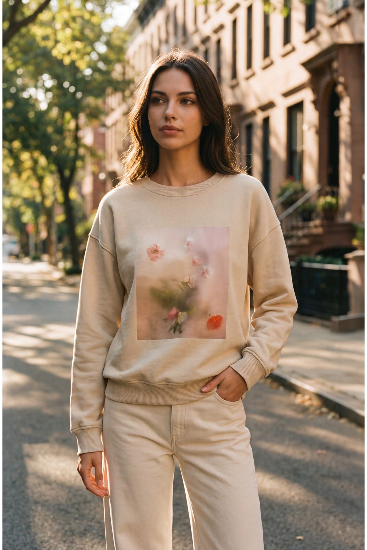 Bej Amia&Co.  Oversize Baskılı Kadın Sweatshirt