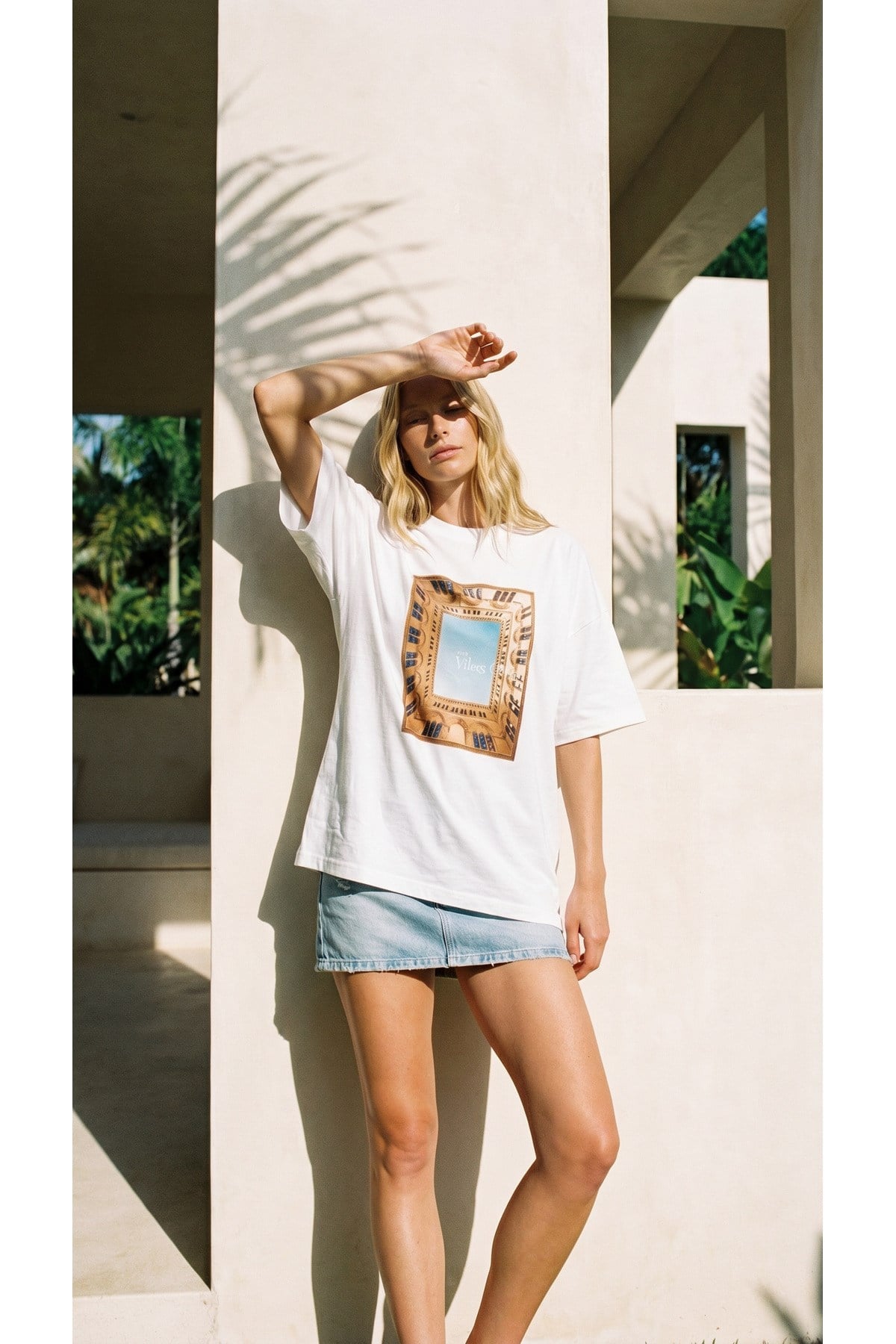 Ekru Amia&Co. Oversize Vibes Baskılı Bisiklet Yaka Basic Kısa Kollu Kadın T-Shirt