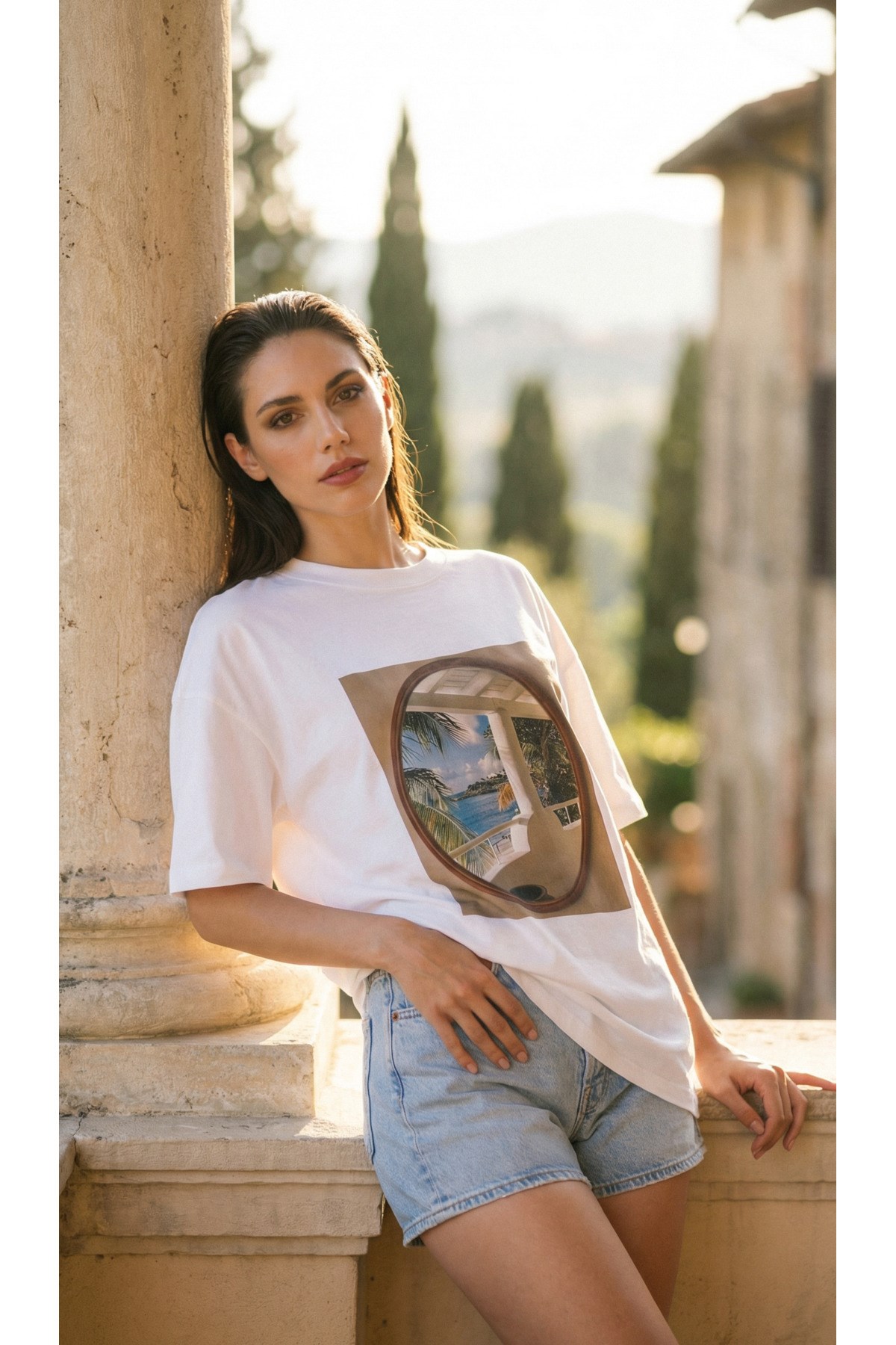 Ekru Amia&Co. Oversize Deniz Temalı Baskılı T-Shirt