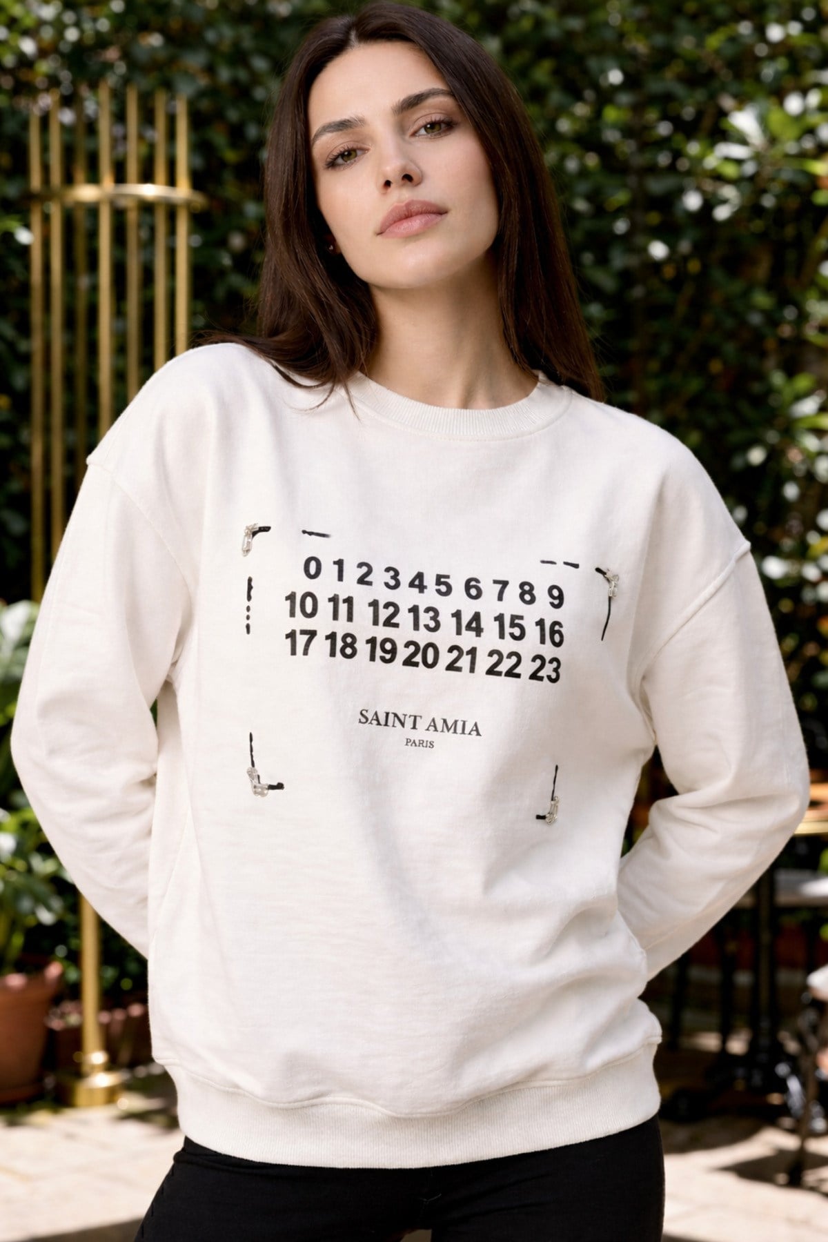 Ekru Amia&Co. Bej Oversize Baskılı Kadın Sweatshirt