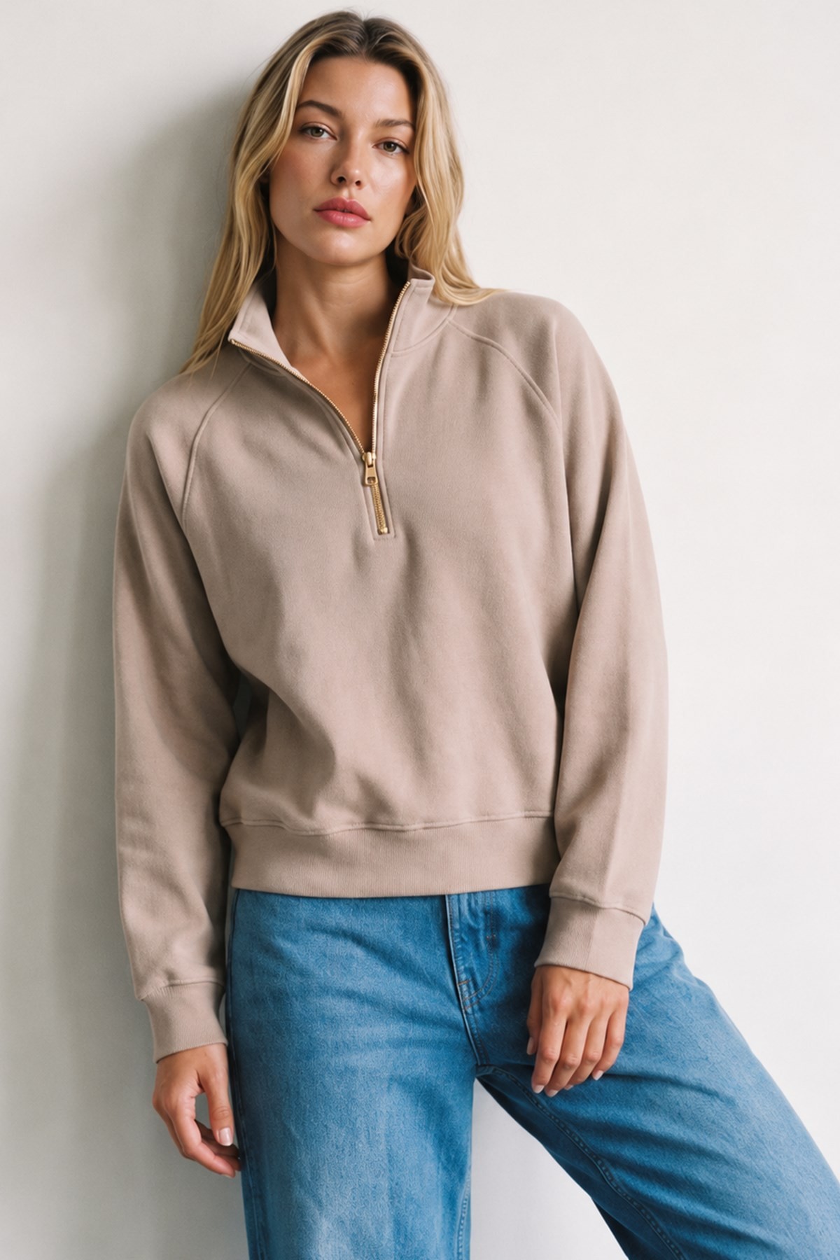 Koyu Bej Amia&Co Fermuar Detaylı Sweatshirt 
