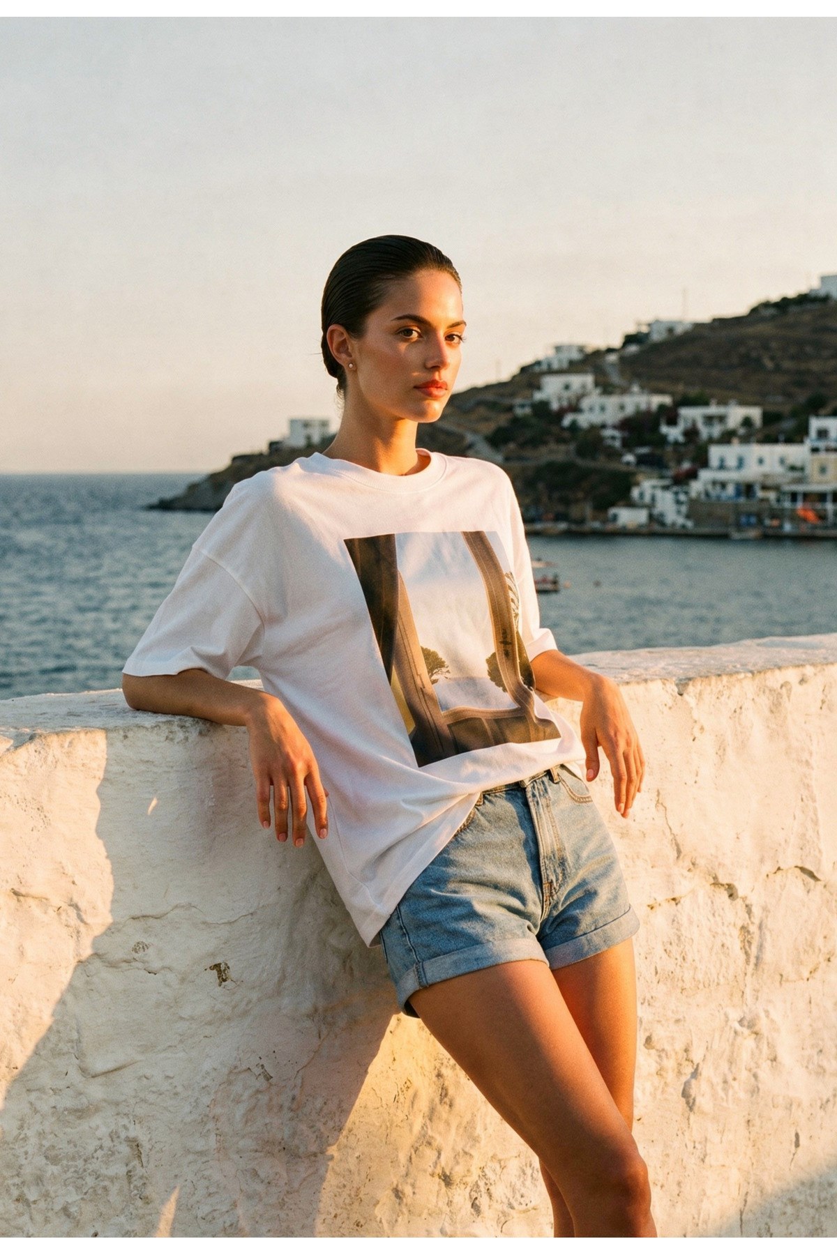 Ekru Amia&Co.Oversize Baskılı T-Shirt