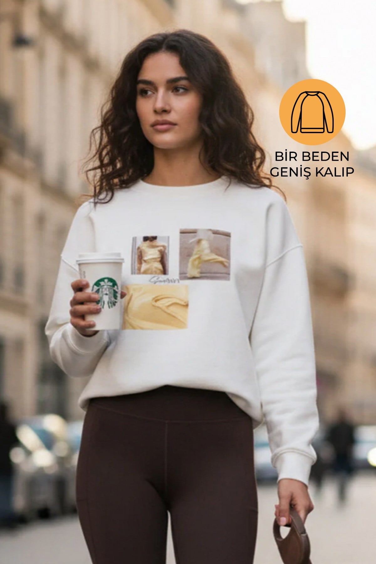 Ekru Amia&Co Marka Bisiklet Yaka Şardonlu Baskılı Oversize Sweatshirt
