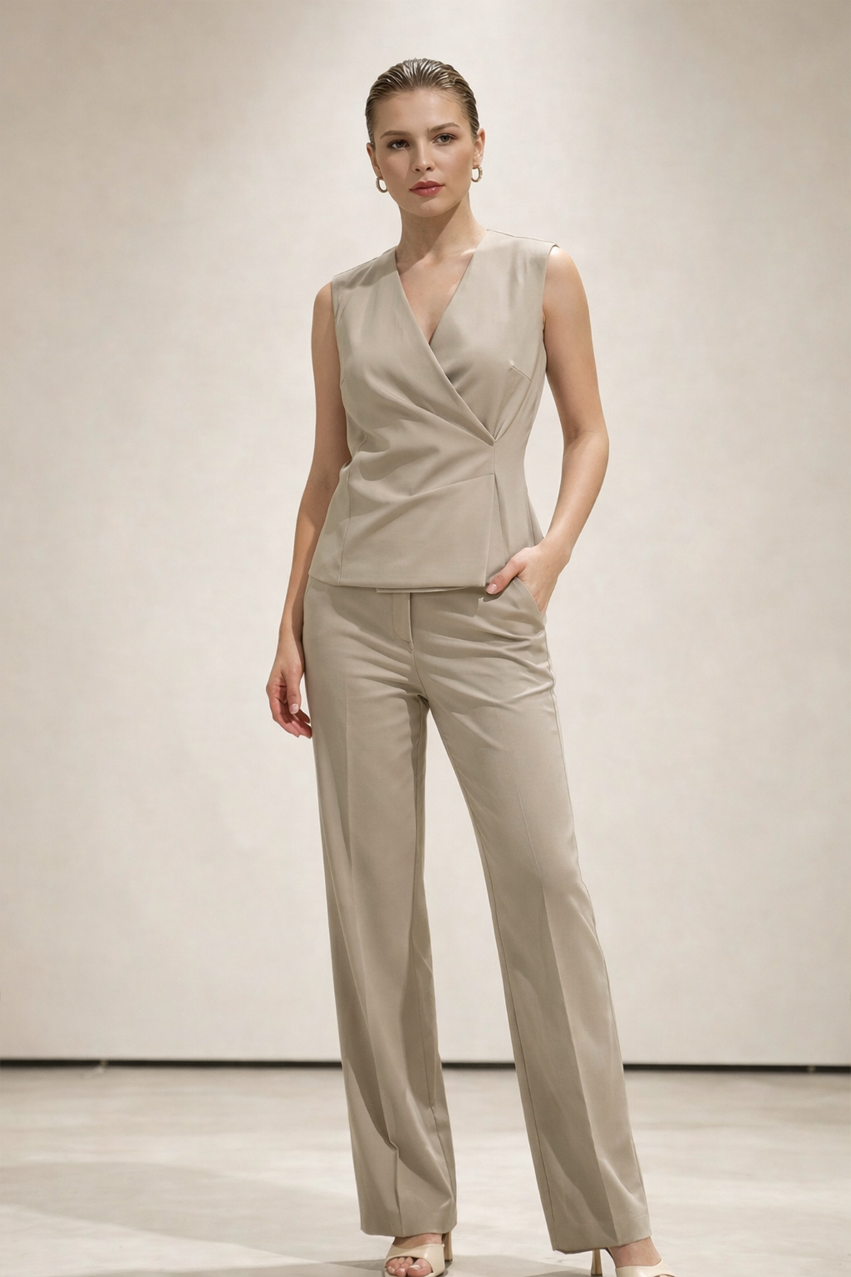 Bej Kruvaze Kapama Belden Detaylı Yelek