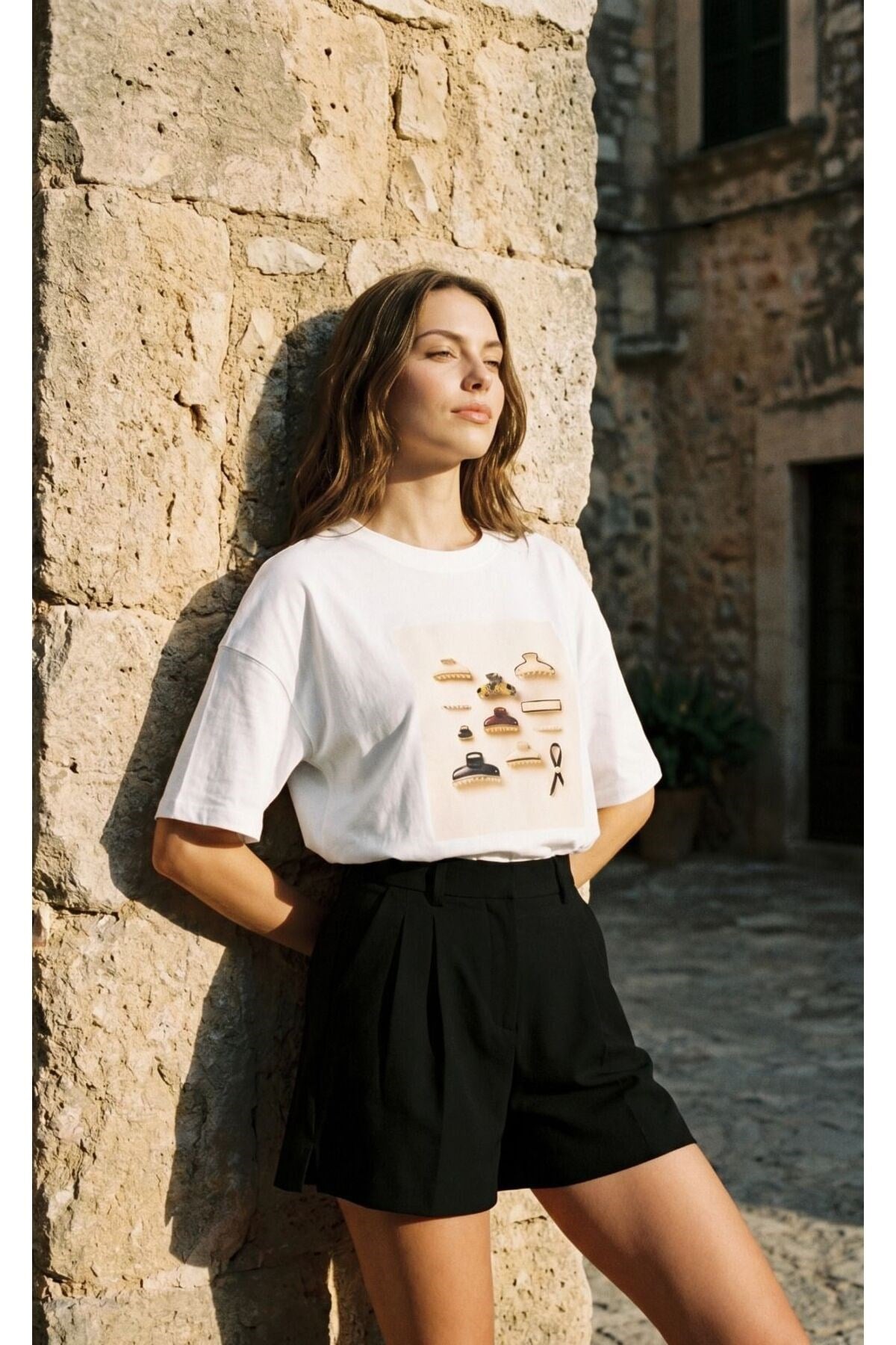 Ekru Amia&Co. Oversize Toka Baskılı Bisiklet Yaka Basic Kısa Kollu Kadın T-Shirt