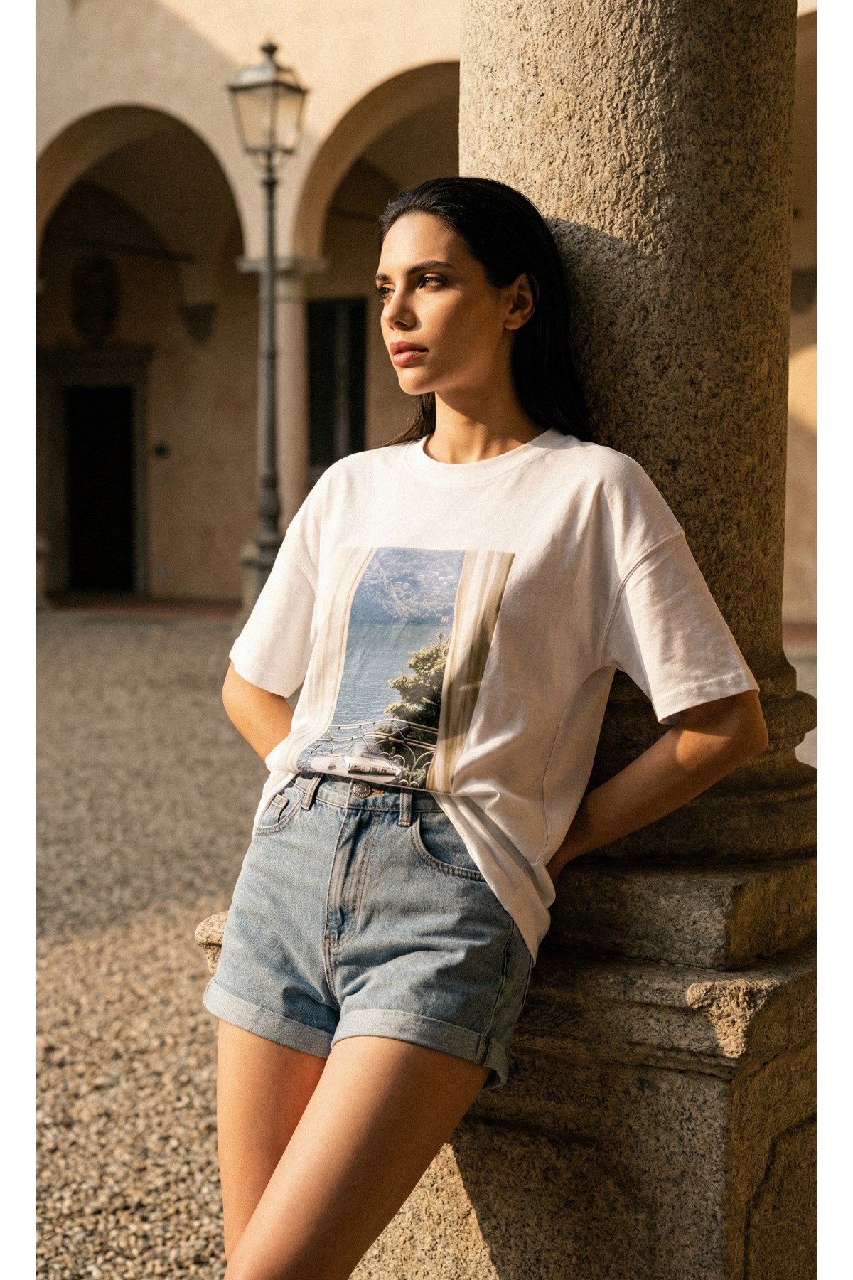 Ekru Amia&Co. Baskılı Oversize Beyaz Kadın T-Shirt