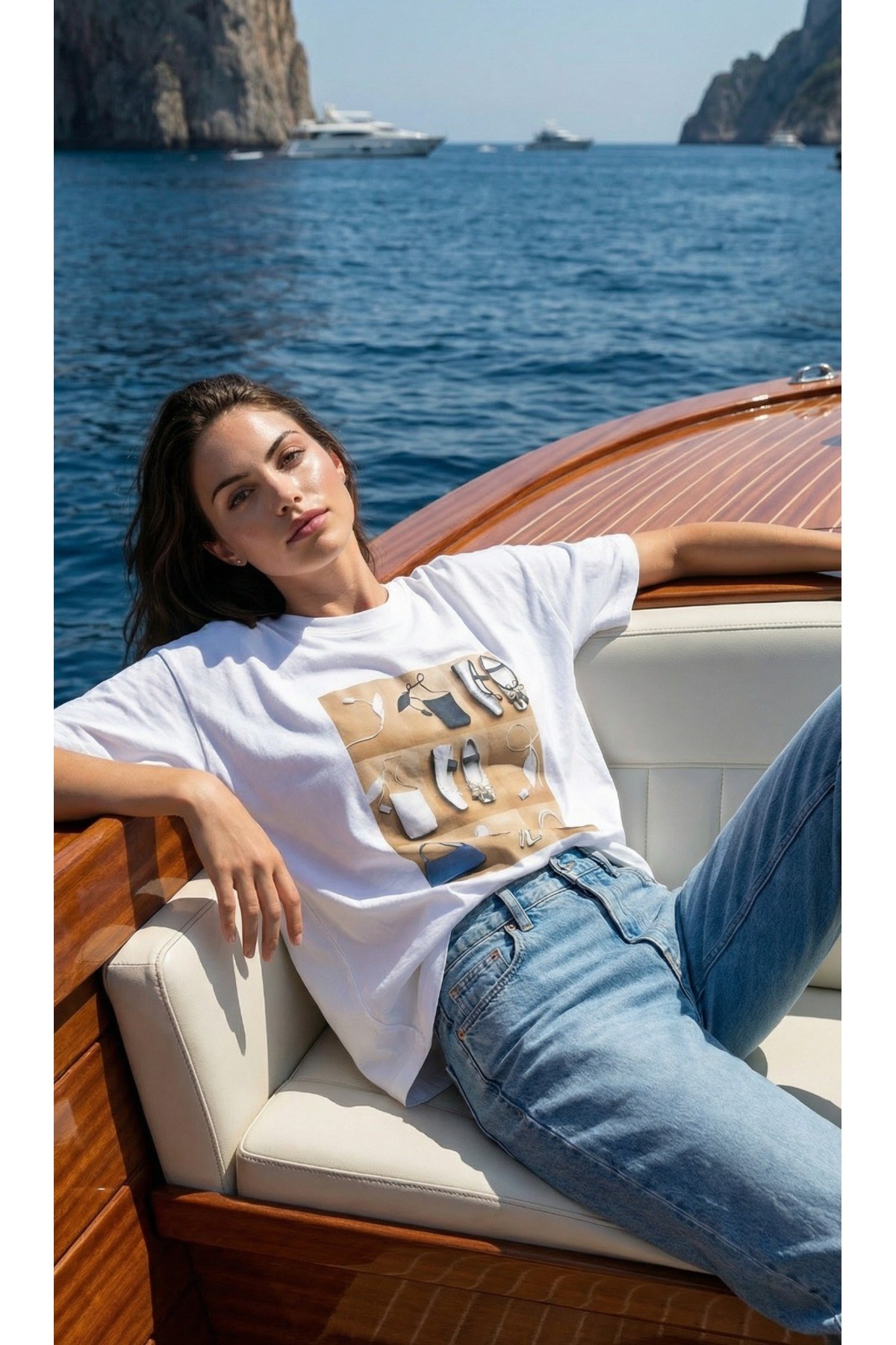 Ekru %100 Pamuk Amia&Co. Oversize Bisiklet Yaka Çanta Ayakkabı Baskılı Aksesuar Detaylı Kadın T-Shirt