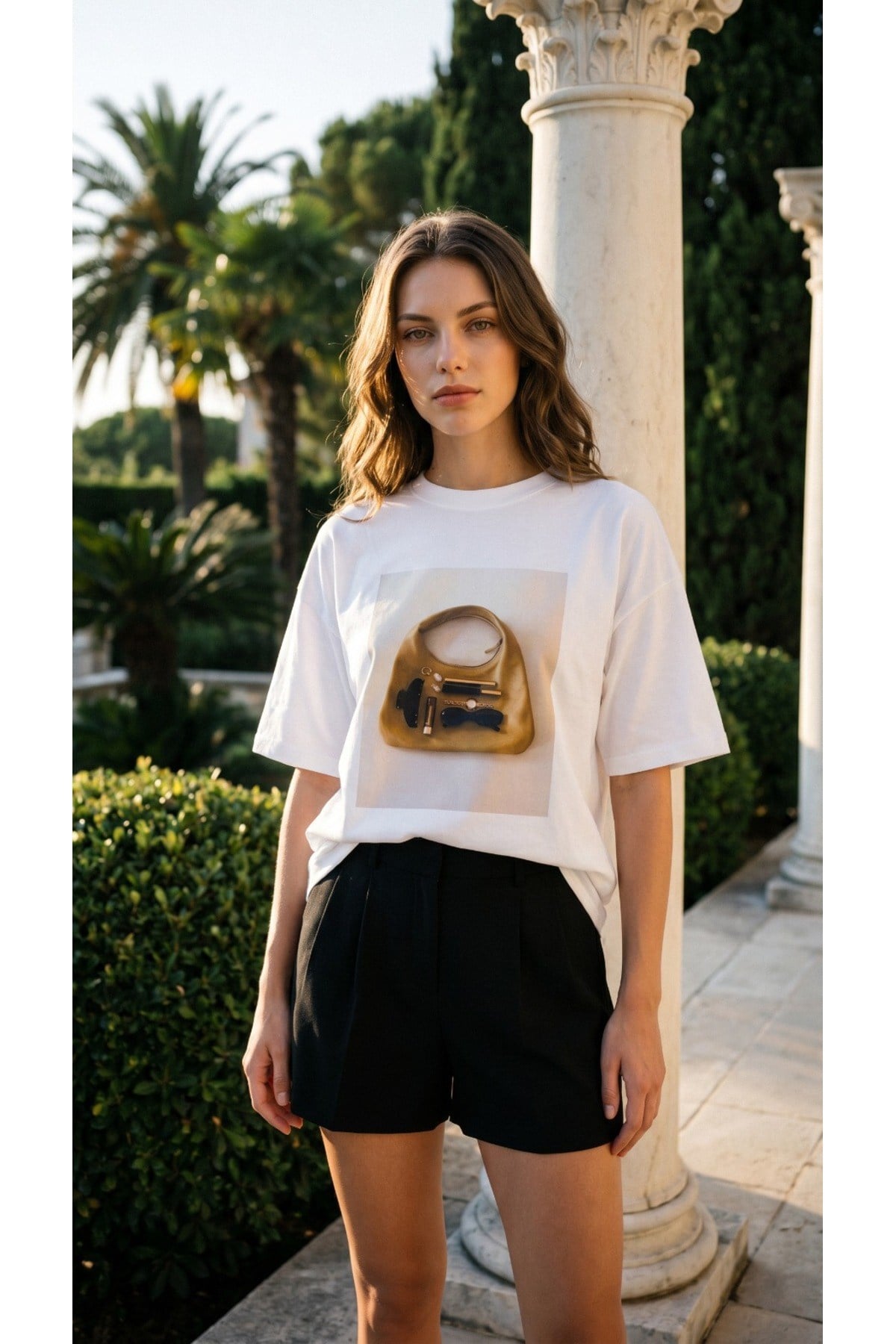 Ekru %100 Pamuk Amia&Co. Oversize  Baskılı Bisiklet Yaka Basic Kısa Kollu Kadın T-Shirt
