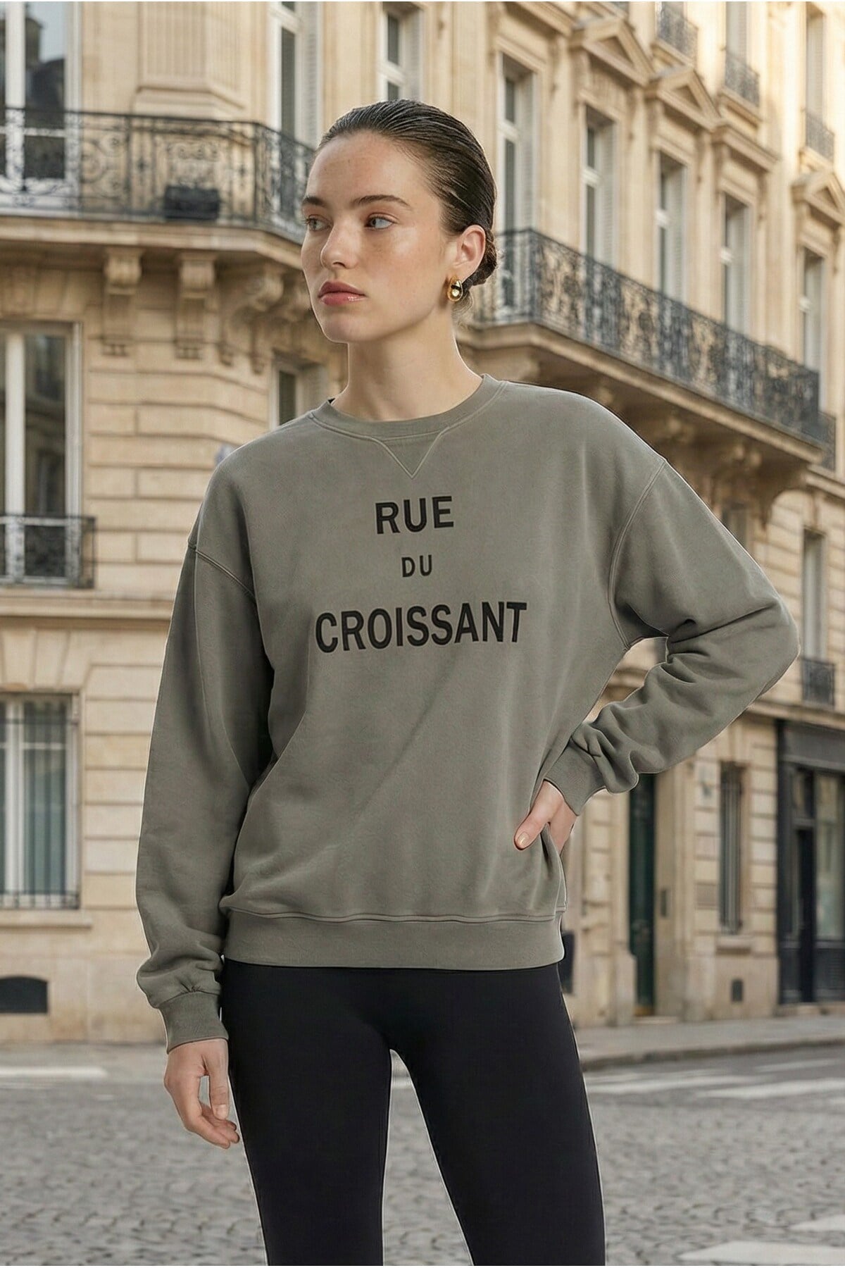 Haki Amia&Co Marka %100 Pamuk Gri Bisiklet Yaka Baskılı Oversize Kadın Sweatshirt
