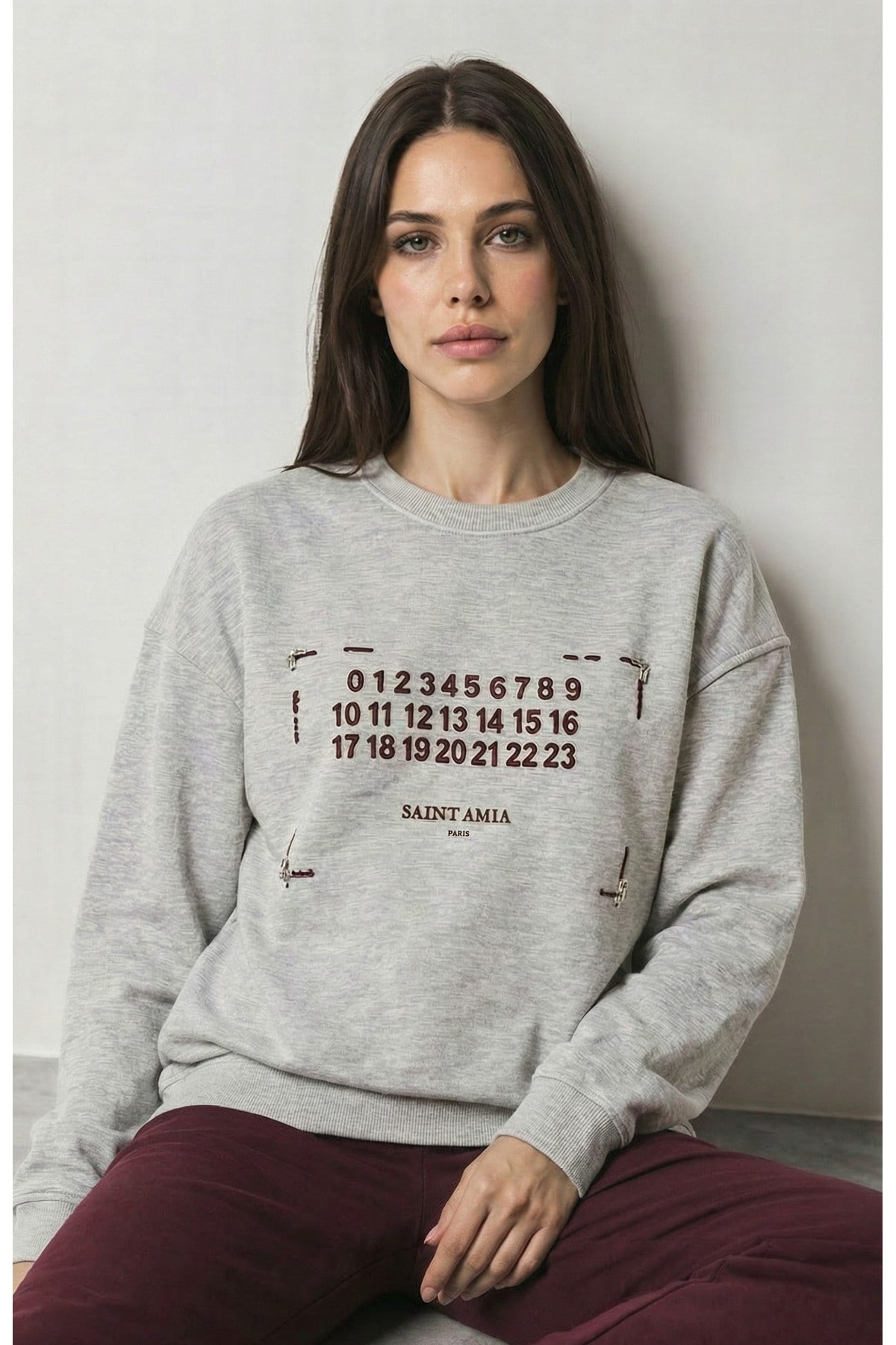 Gri Amia&Co. Bej Oversize Baskılı Kadın Sweatshirt