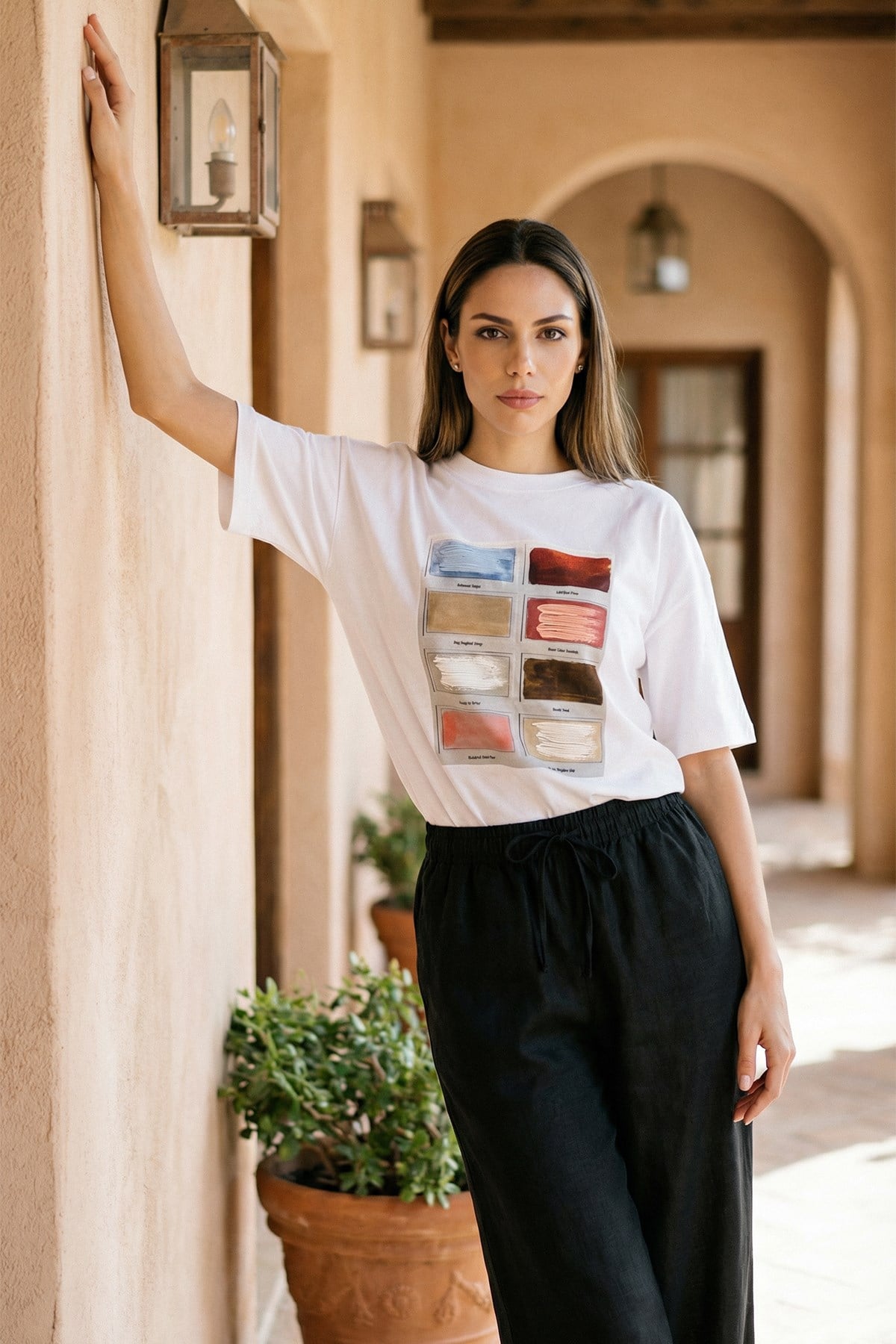 Ekru %100 Pamuk Amia&Co. Kadın Oversize Renk Paleti Baskılı Basic Tişört Rahat Kesim Günlük Şık Tasarım