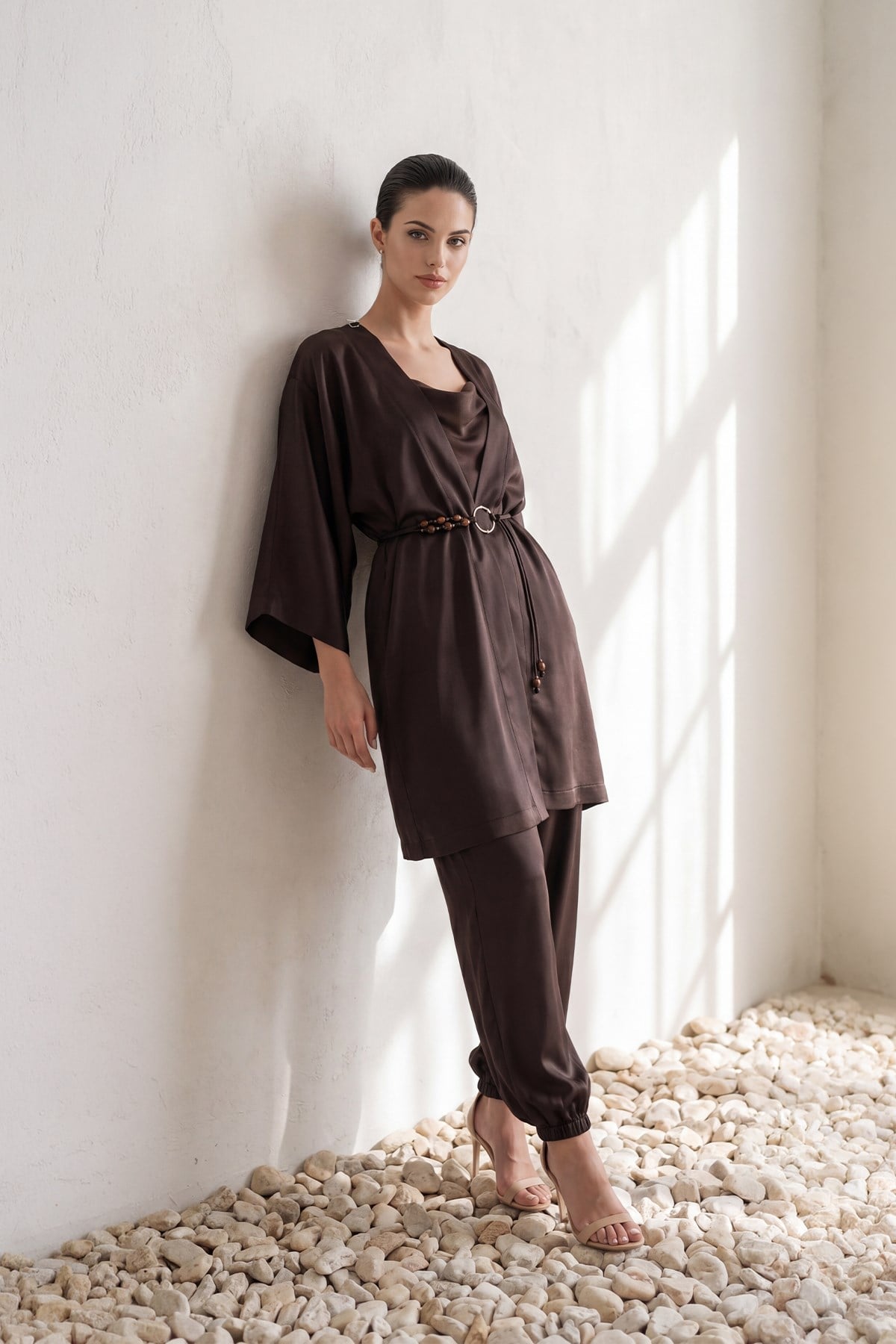 Acı-Kahve Belden Kemer Detaylı Rahat Kesim Kimono