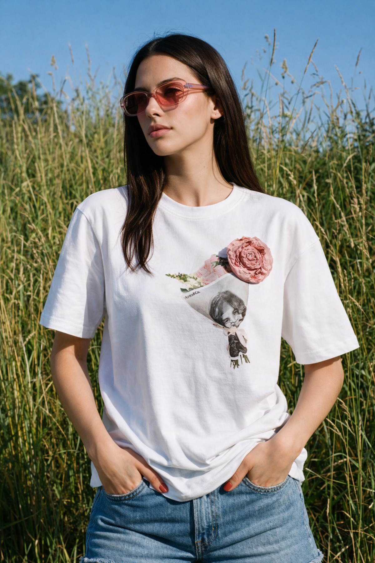Ekru Amai&Co Marka %100 Pamuk Oversize Baskılı Gül Aksesuarlı Kısa Kollu Bisiklet Yaka T-Shirt