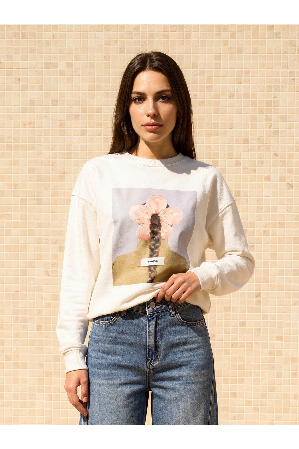 Ekru Amia&Co. Oversize Baskılı Sweatshirt
