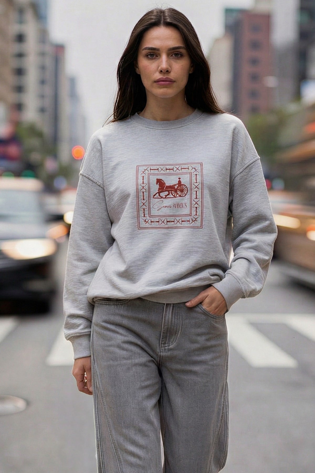 Gri Amia&Co Marka Oversize Baskılı Sweatshirt