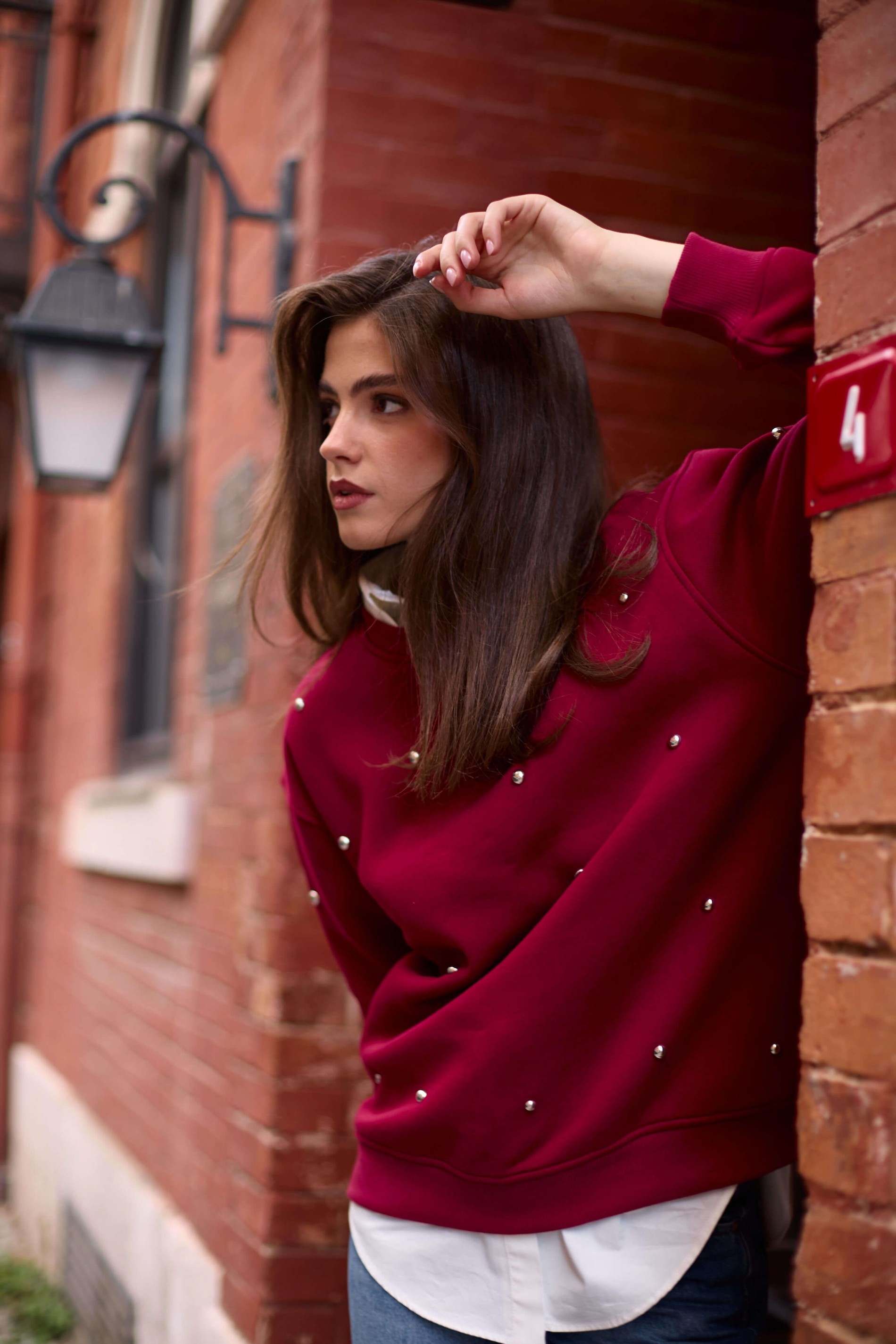 Bordo Bisiklet Yaka Taş Detaylı Uzun Kollu Sweatshirt Kadın Sweatshirt modelleri