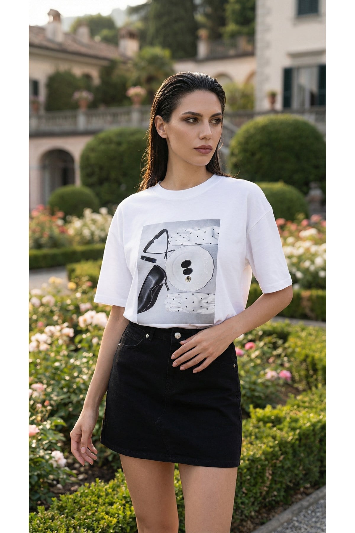 Ekru Amia&Co. Kadın Oversize Puantiye Detaylı T-Shirt