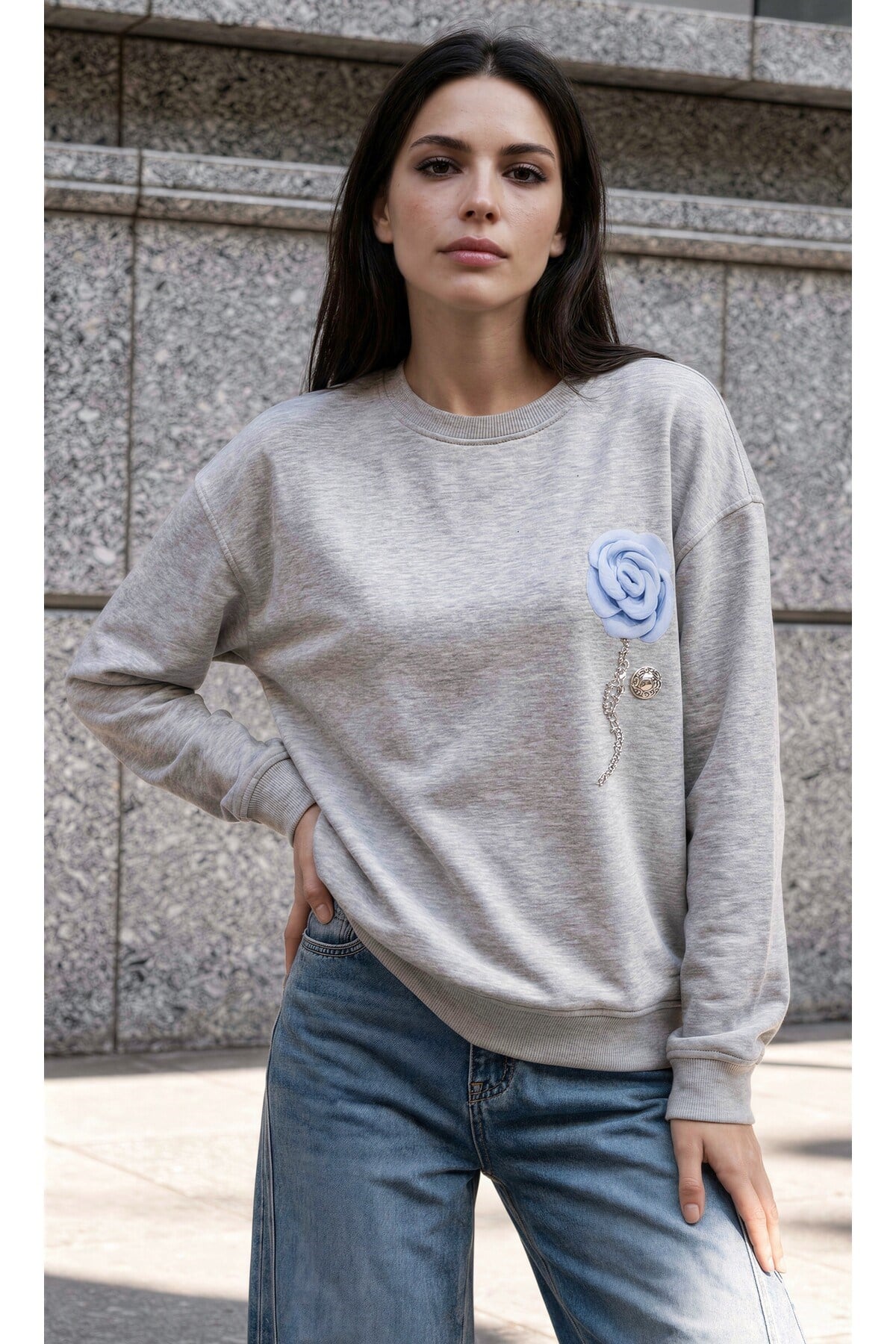 Gri Amia&Co. Oversize Mavi Gül İşleme Detaylı Baskılı Kadın Sweatshirt