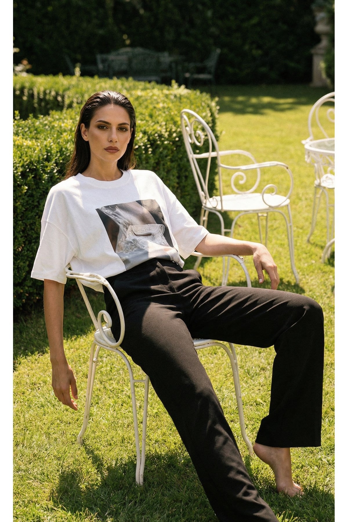 Ekru %100 Pamuklu Amia&Co. Oversize Baskılı Tişört 