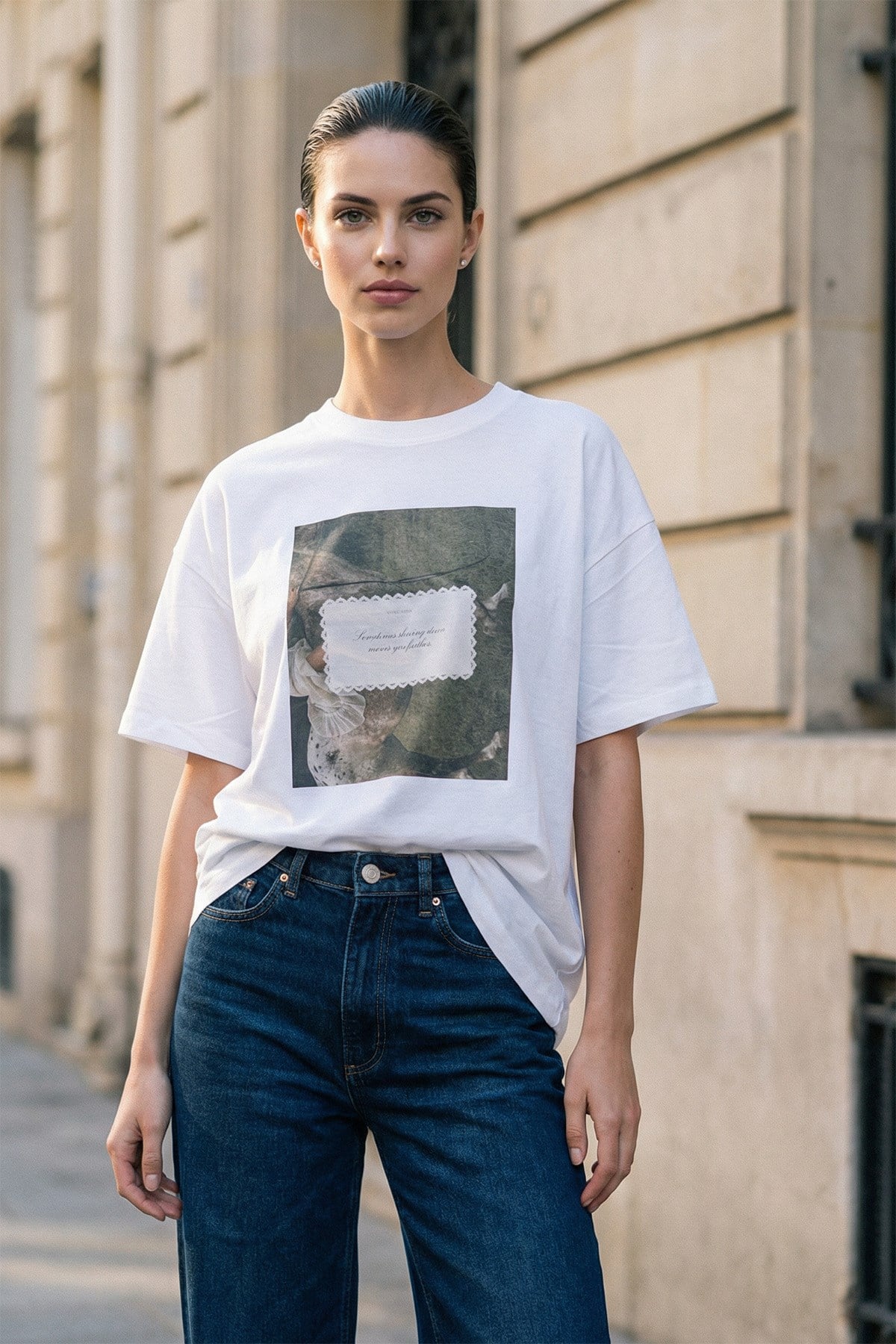 Ekru Amia&Co.  Oversize Bisiklet Yaka Vintage Yazı Baskılı Basic Kısa Kollu Kadın T-Shirt