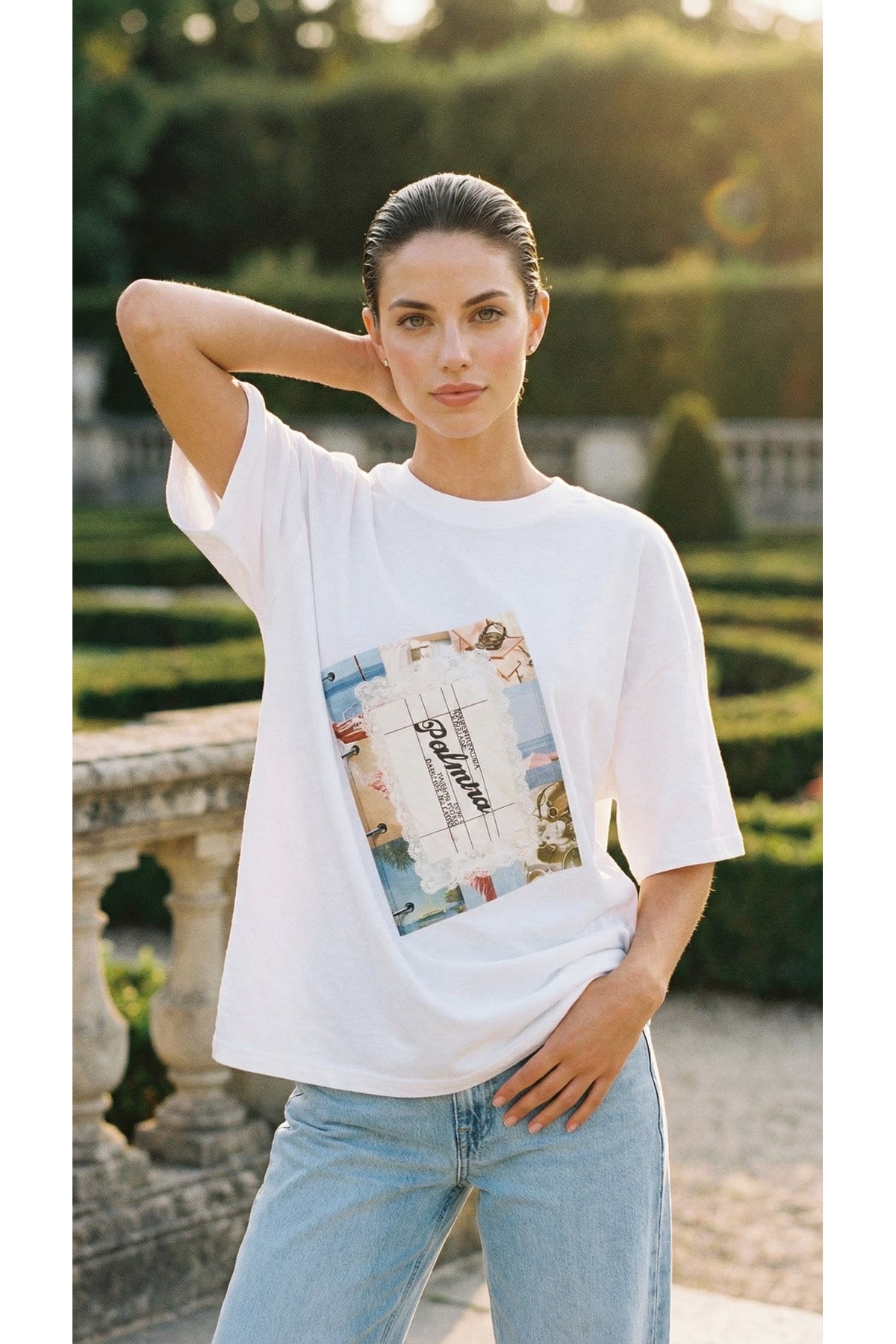 Ekru Amia&Co.Oversize Bisiklet Yaka Palma Yazı Baskılı Vintage Minimal Kadın T-Shirt