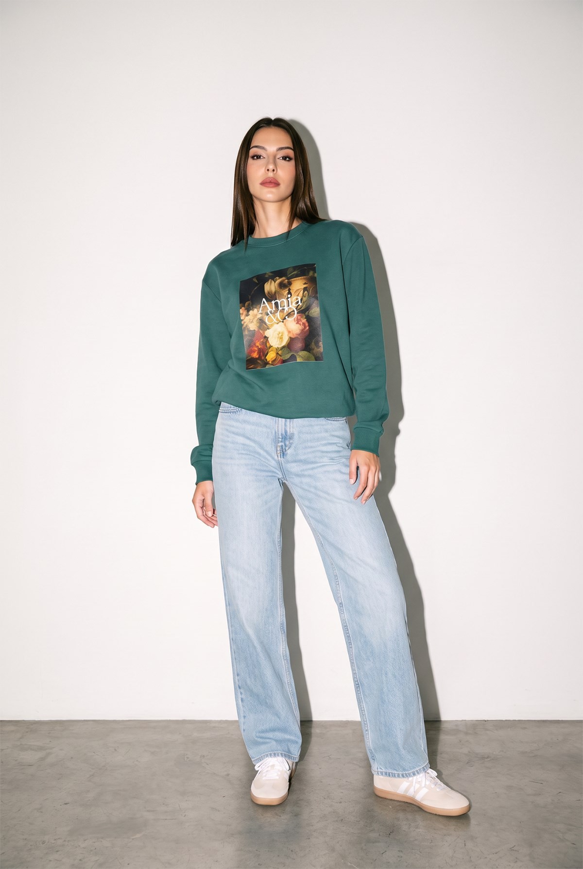 Yeşil Bisiklet Yaka Baskı Detaylı Sweatshirt