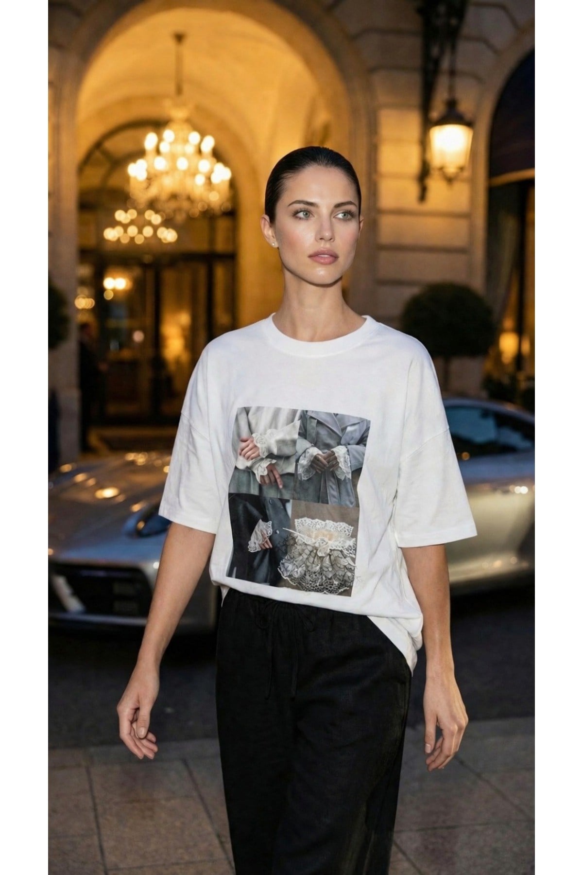 Ekru Amia&Co. Oversize Bisiklet Yaka Dantel Baskı Detaylı Kadın T-Shirt