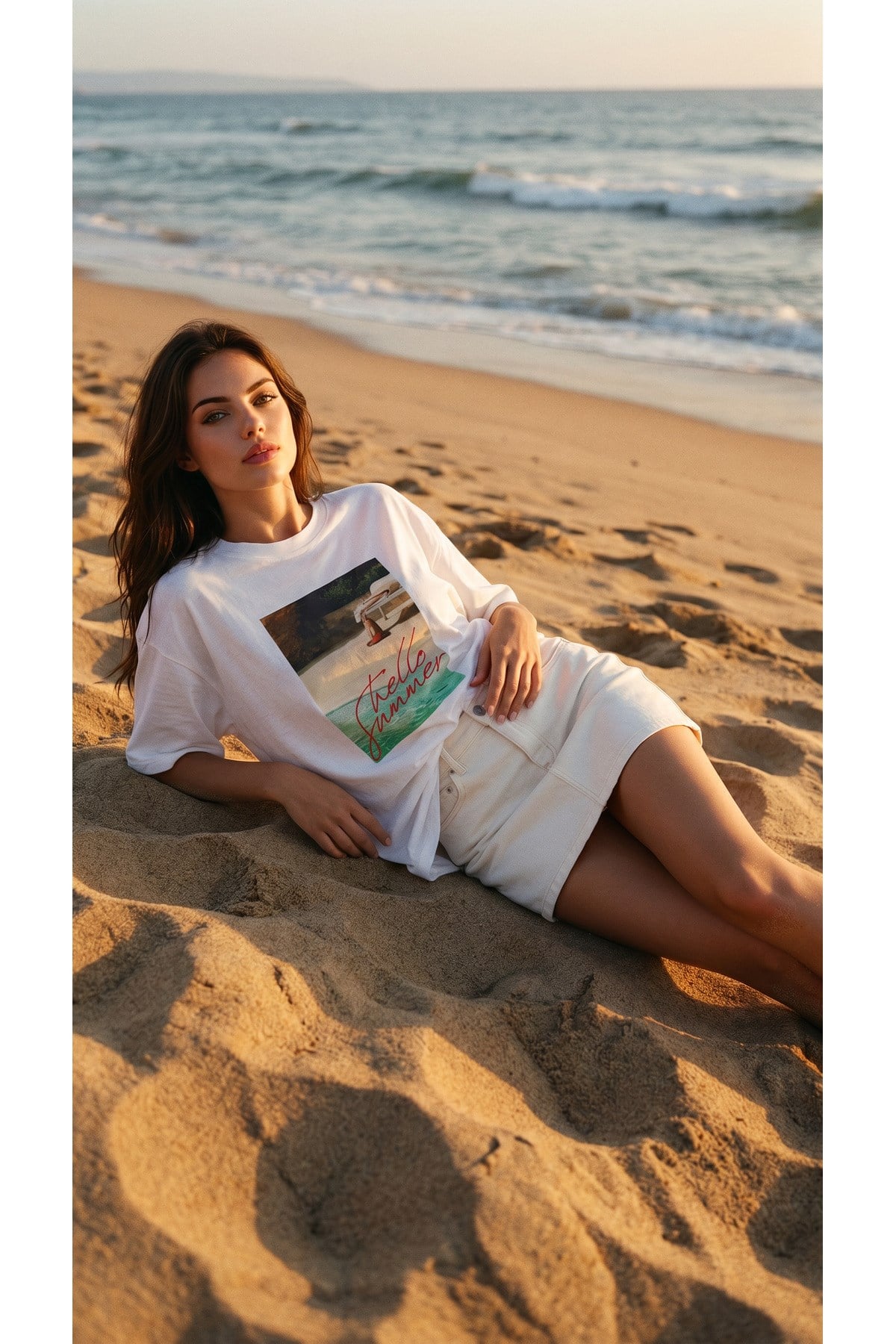 Ekru Amia&Co. Baskılı Kadın Oversize Rahat Kesim T-Shirt